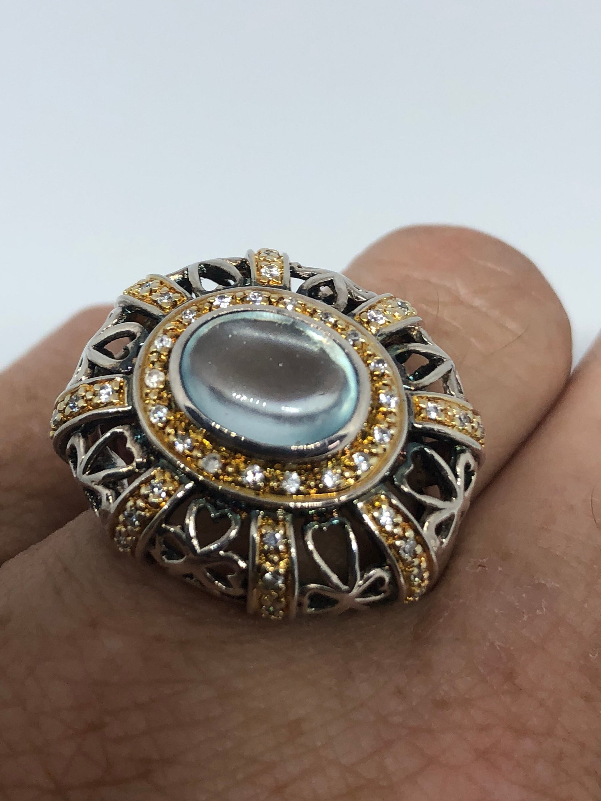 Vintage Genuine Aquamarine White Sapphire 925 Sterling Silver Ring