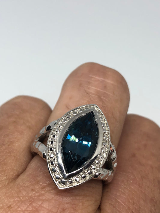 Vintage Genuine London Blue Topaz 925 Sterling Silver Rhodium Ring