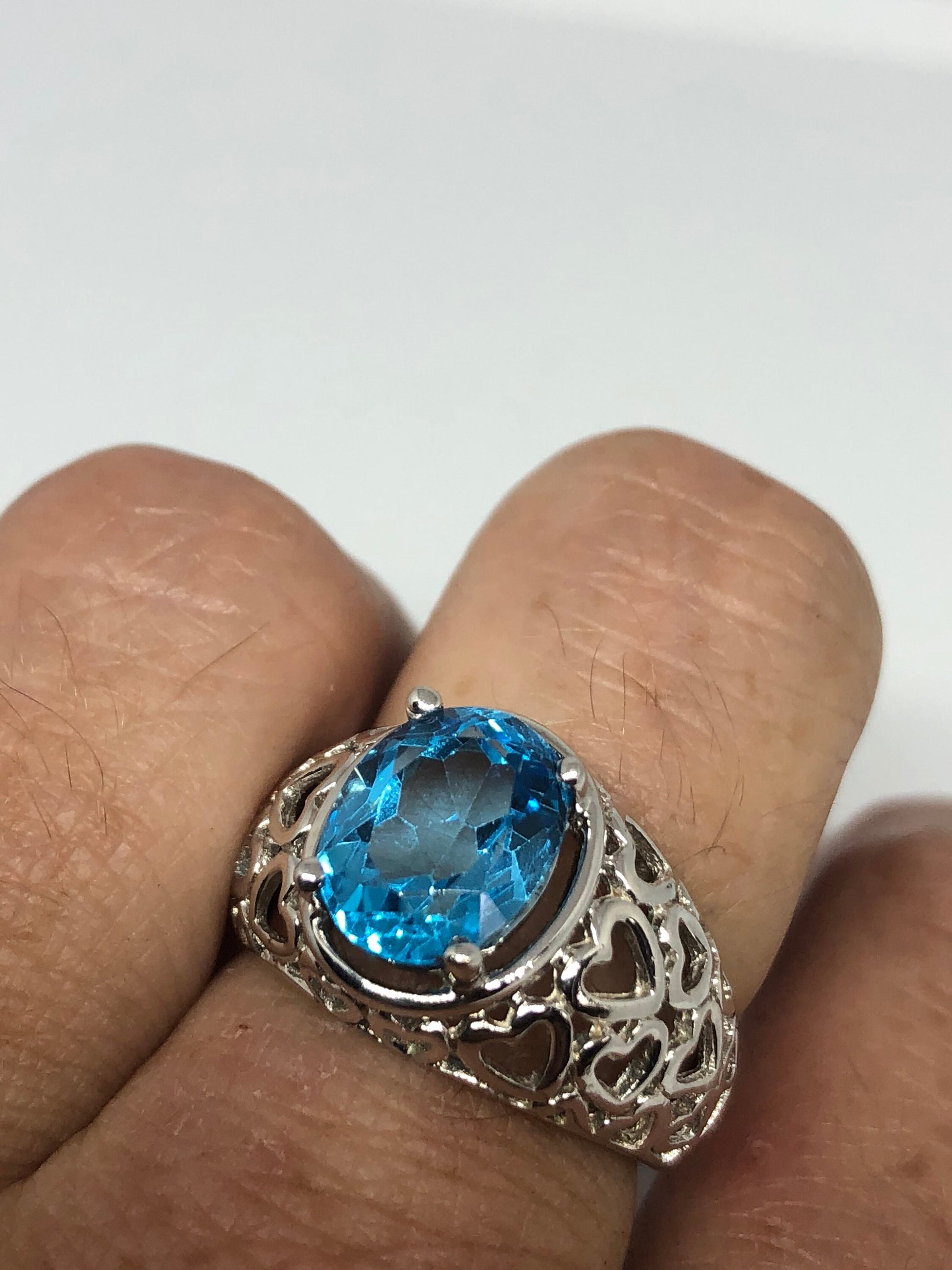 Vintage Genuine Blue Topaz 925 Sterling Silver Rhodium Ring