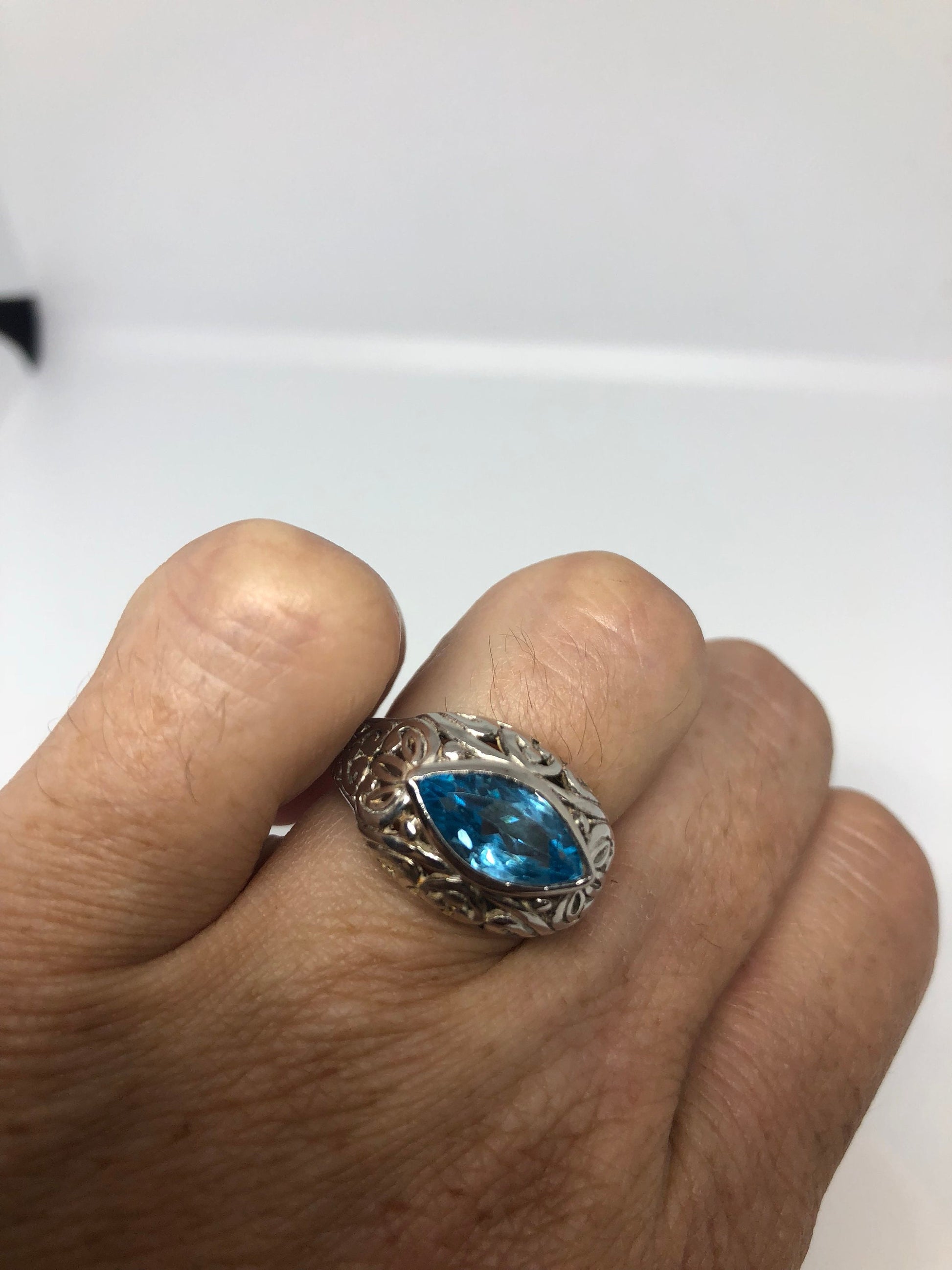 Vintage Genuine Blue Topaz 925 Sterling Silver Rhodium Ring