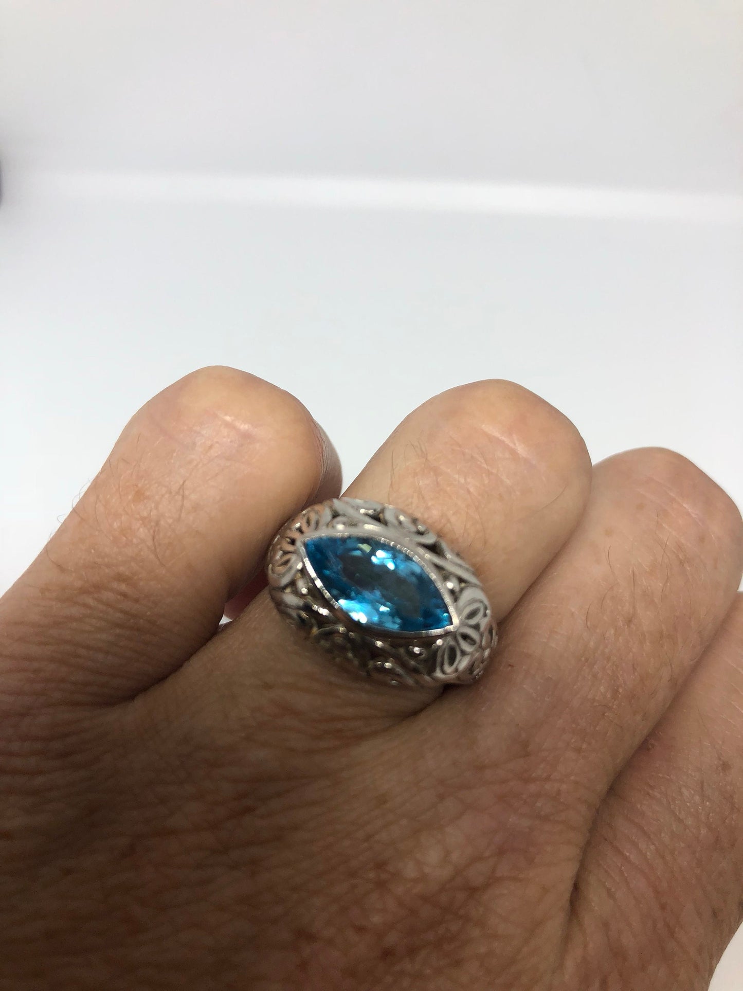 Vintage Genuine Blue Topaz 925 Sterling Silver Rhodium Ring