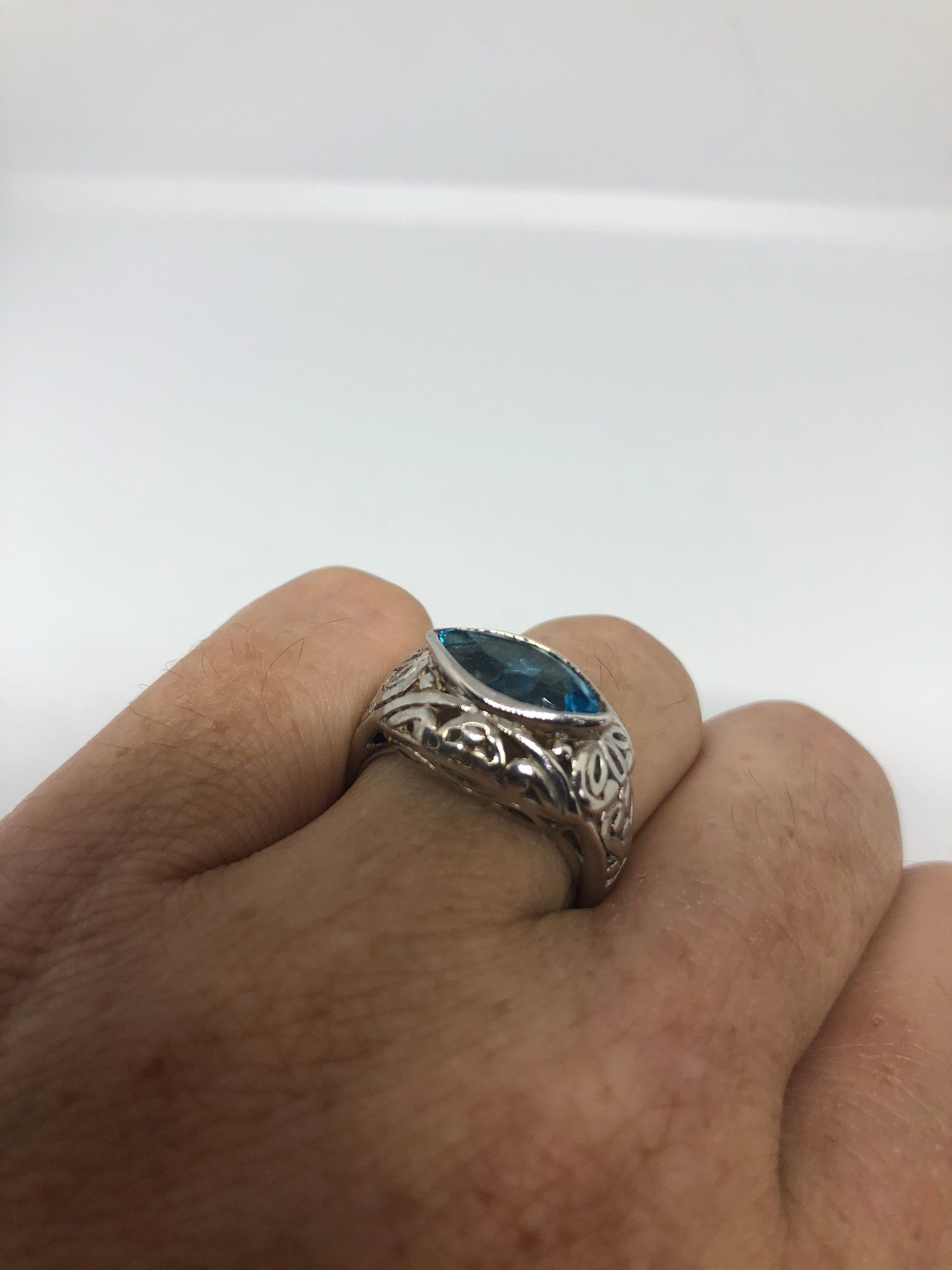 Vintage Genuine Blue Topaz 925 Sterling Silver Rhodium Ring