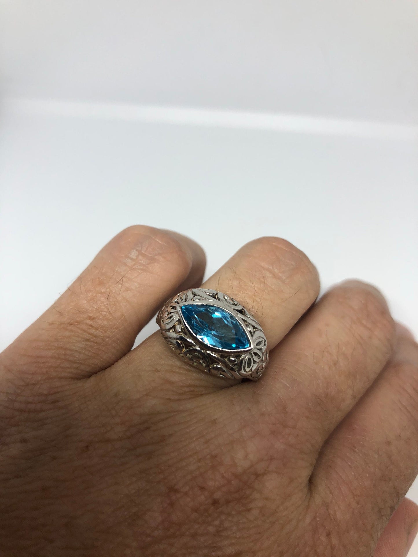 Vintage Genuine Blue Topaz 925 Sterling Silver Rhodium Ring