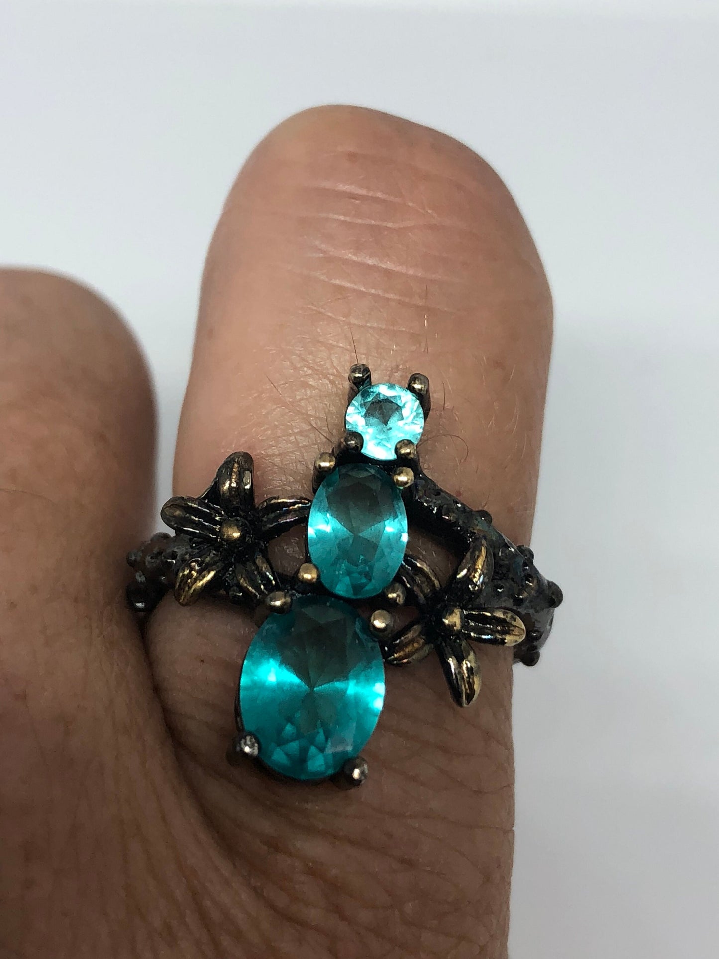 Vintage Handmade Deep Blue Aqua Crystal Setting 925 Sterling Silver and Bronze Gothic Ring
