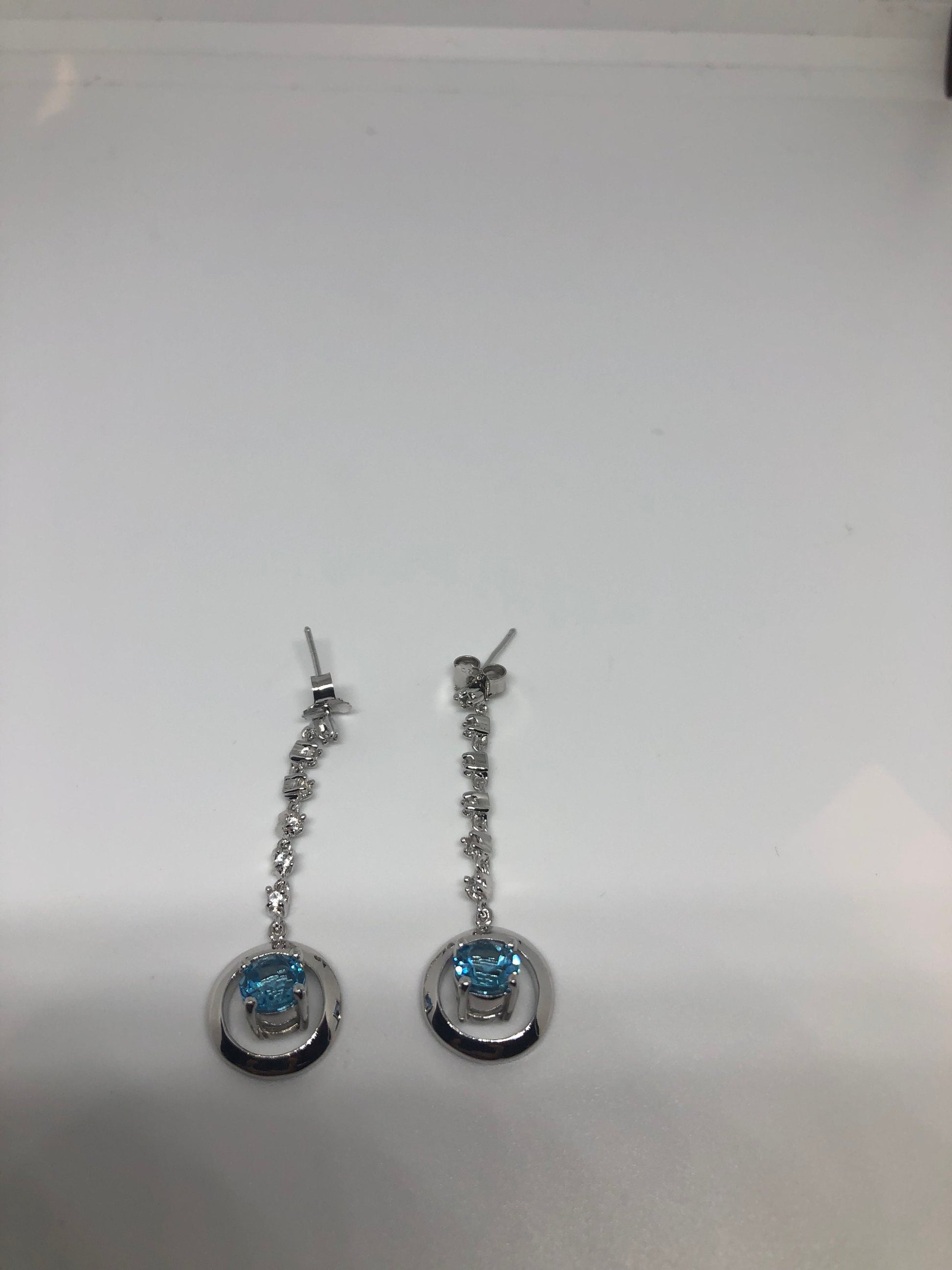 Vintage Genuine Blue Topaz White Sapphire Gemstone Filigree 925 Sterling Silver Earrings