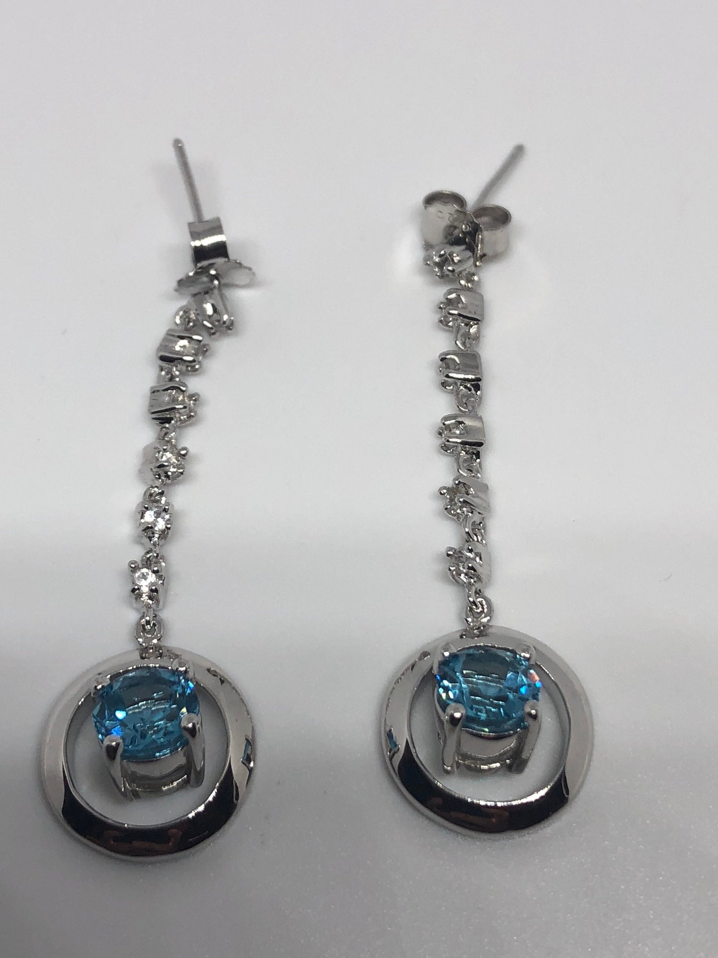 Vintage Genuine Blue Topaz White Sapphire Gemstone Filigree 925 Sterling Silver Earrings