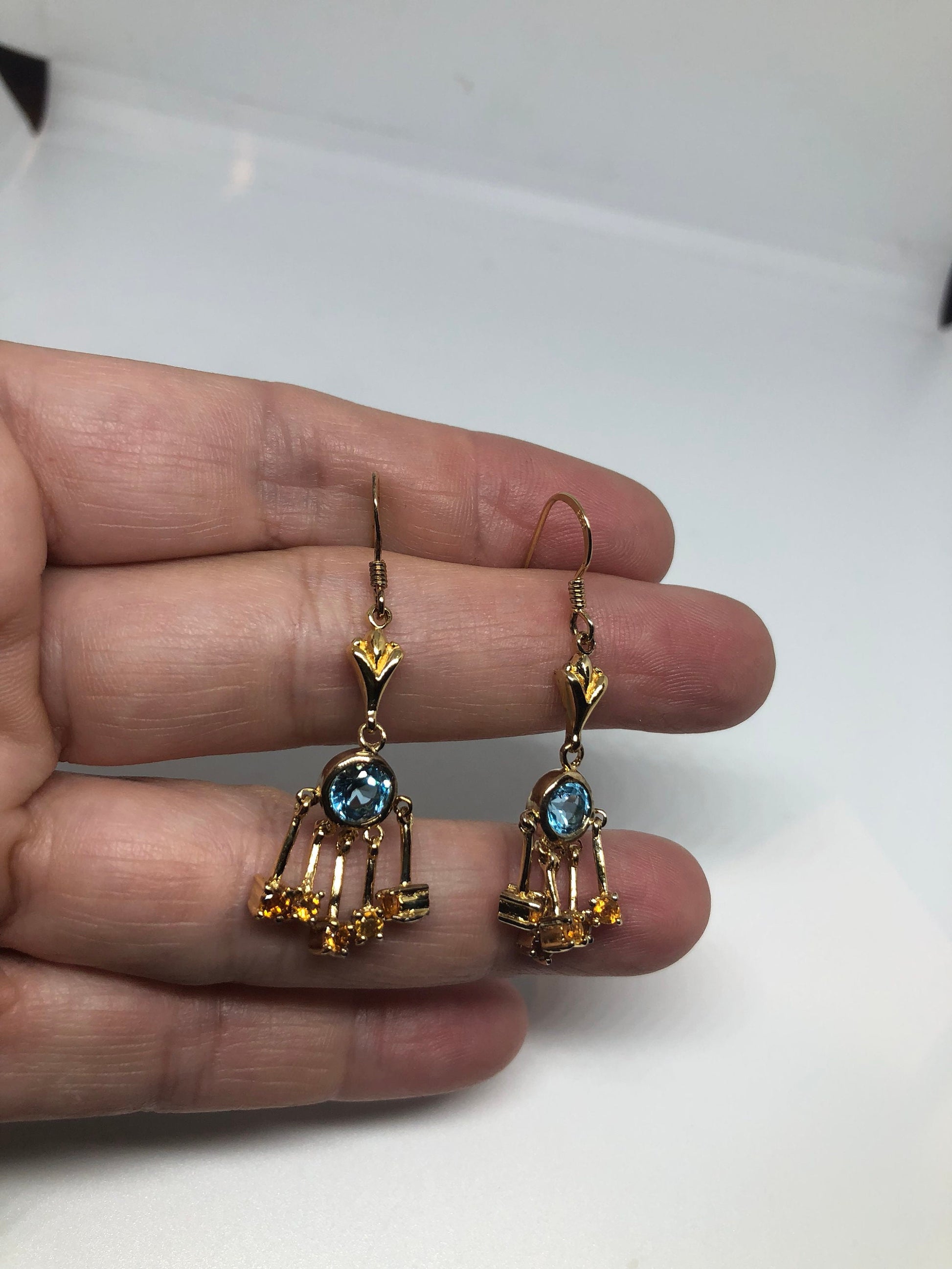 Vintage Genuine Blue Topaz Citrine Blue Topaz Gemstone 925 Sterling Silver Earrings