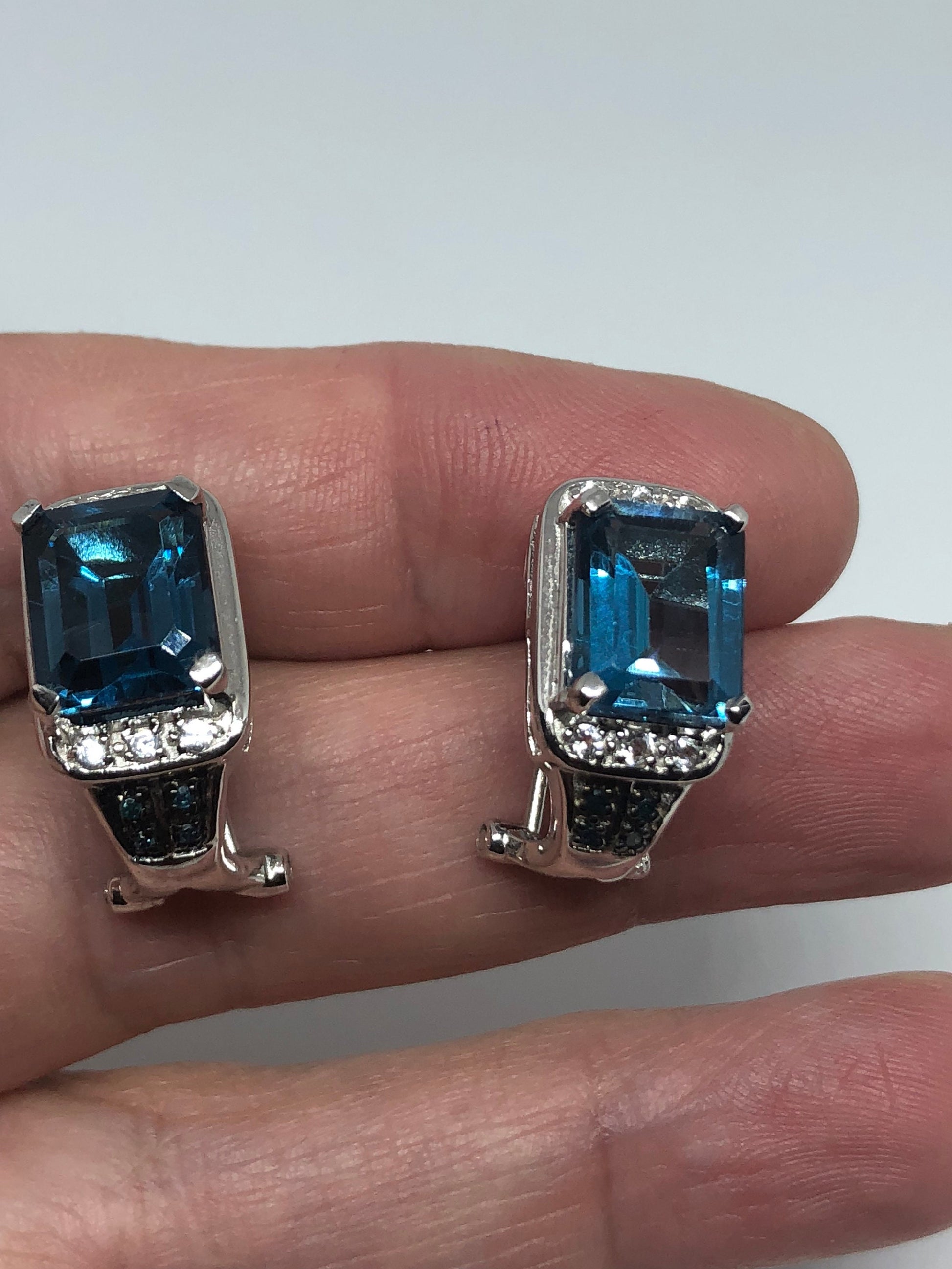 Vintage Mixed Genuine Blue Topaz Gemstone Filigree 925 Sterling Silver Earrings