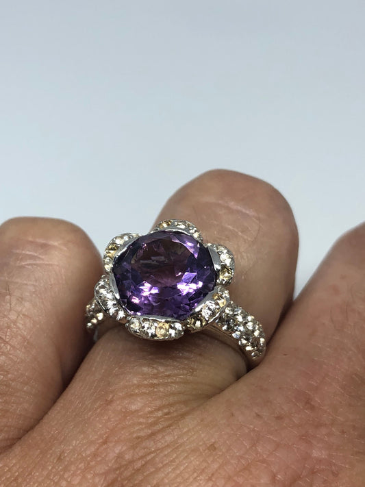 Vintage Handmade deep purple genuine Amethyst setting 925 Sterling Silver gothic Ring