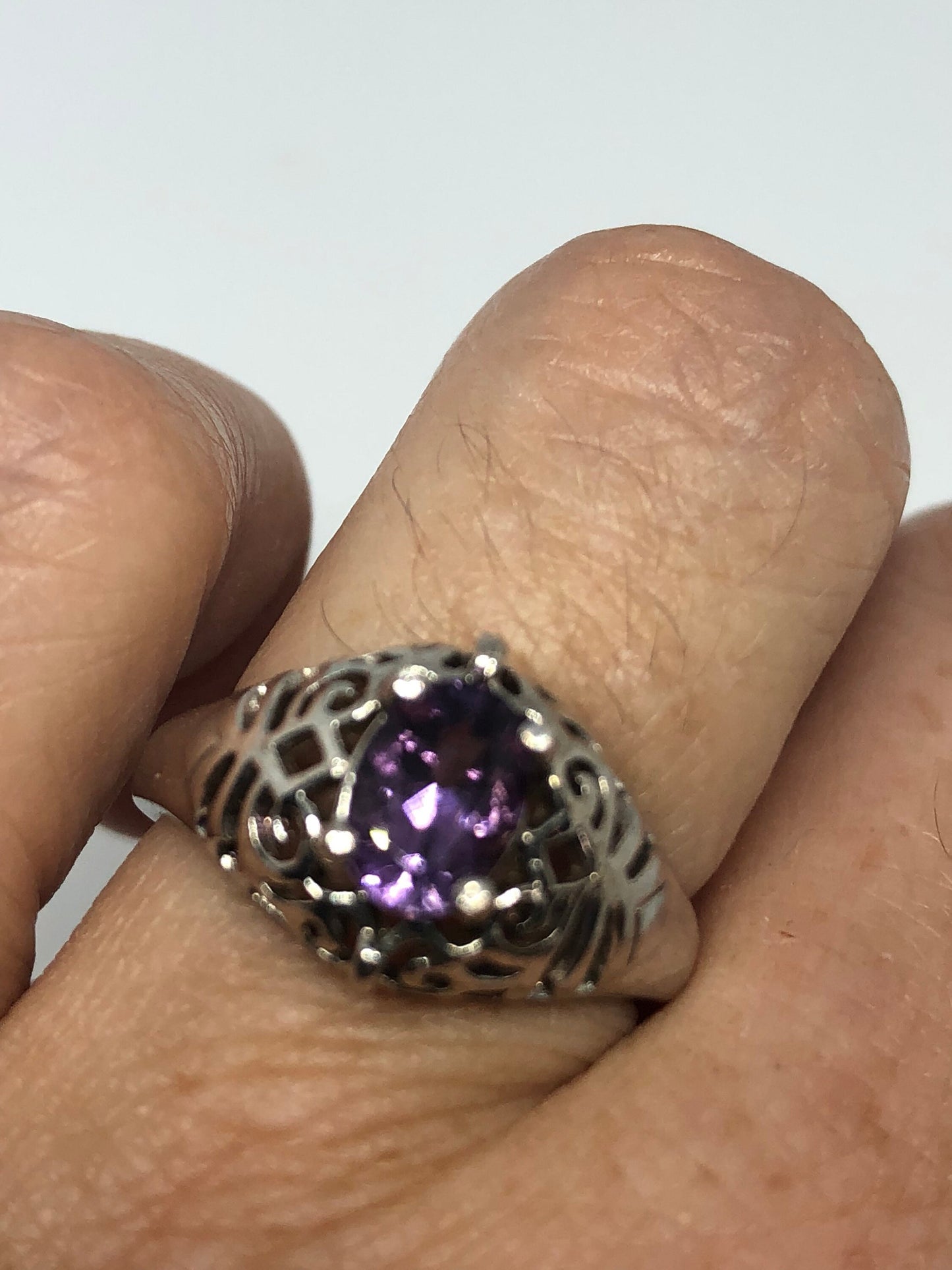 Vintage Handmade Deep Purple Genuine Amethyst Setting 925 Sterling Silver Gothic Ring