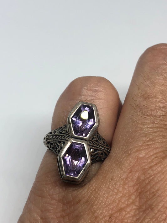 Vintage Handmade Deep Purple Genuine Amethyst Setting 925 Sterling Silver Gothic Ring