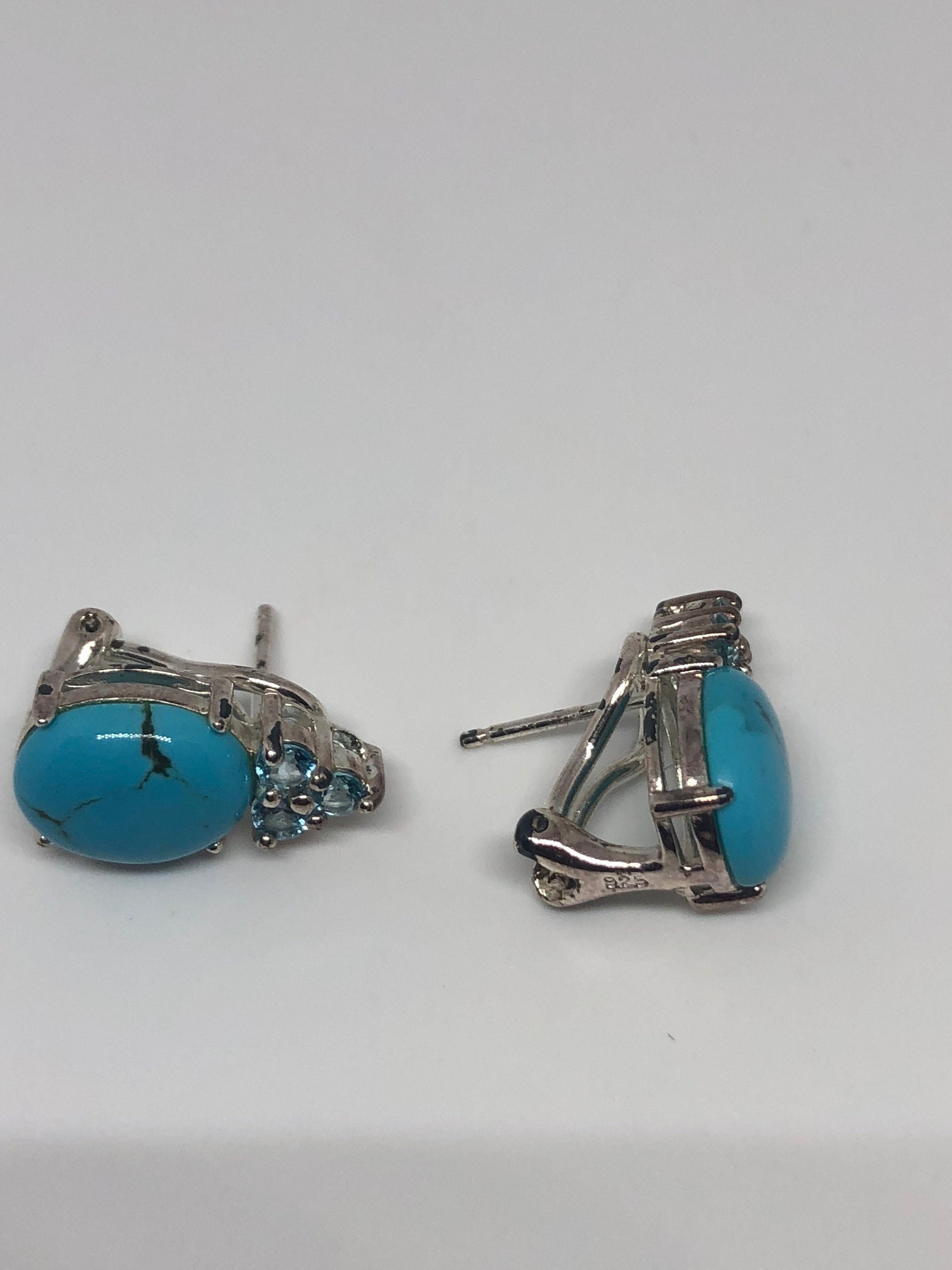 Vintage Handmade Sterling Silver genuine deep blue turquoise earrings