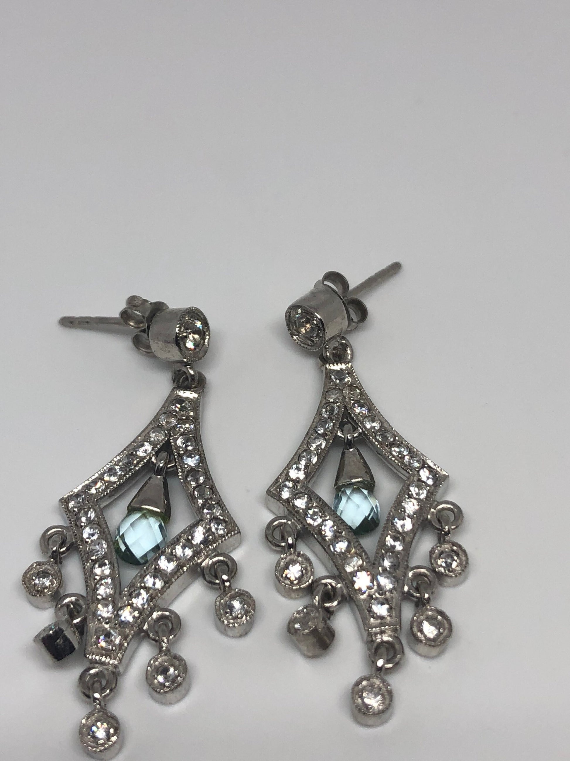 Vintage Blue Aquamarine 925 Sterling Silver Chandelier Dangle Deco Earrings
