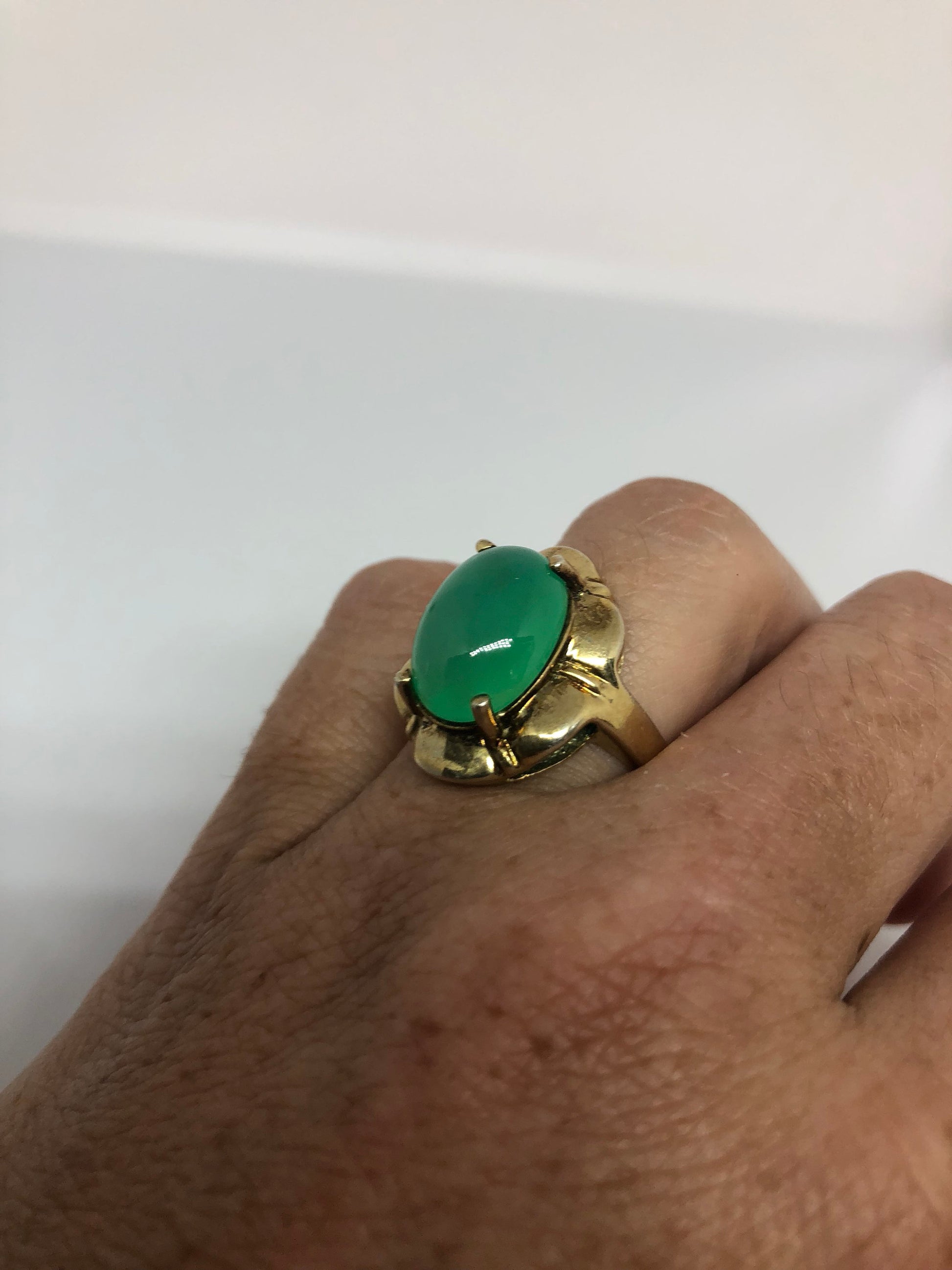 Vintage Fun Green Jade Nephrite gold 925 Sterling Silver Gothic Ring