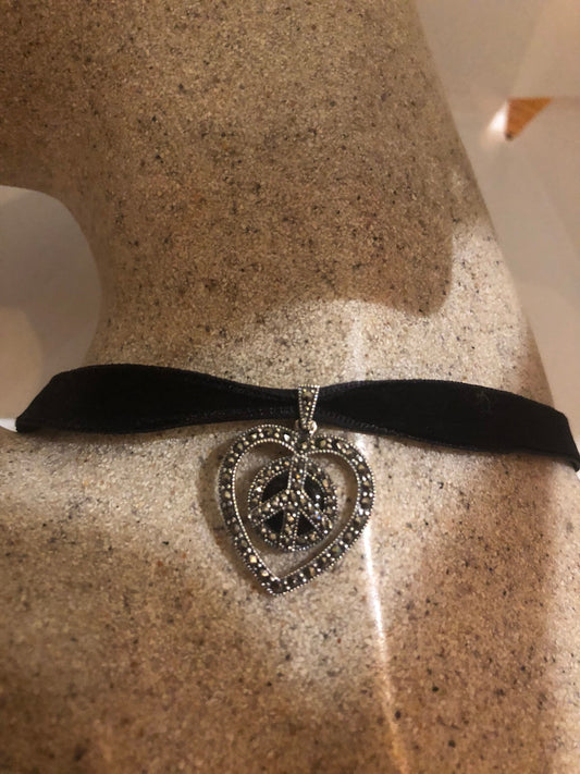 Vintage Peace Heart Sterling Silver Marcasite Black Onyx Pendant