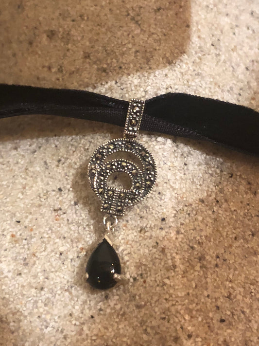 Vintage Marcasite Choker 925 Sterling Silver Black Onyx Pendant Necklace