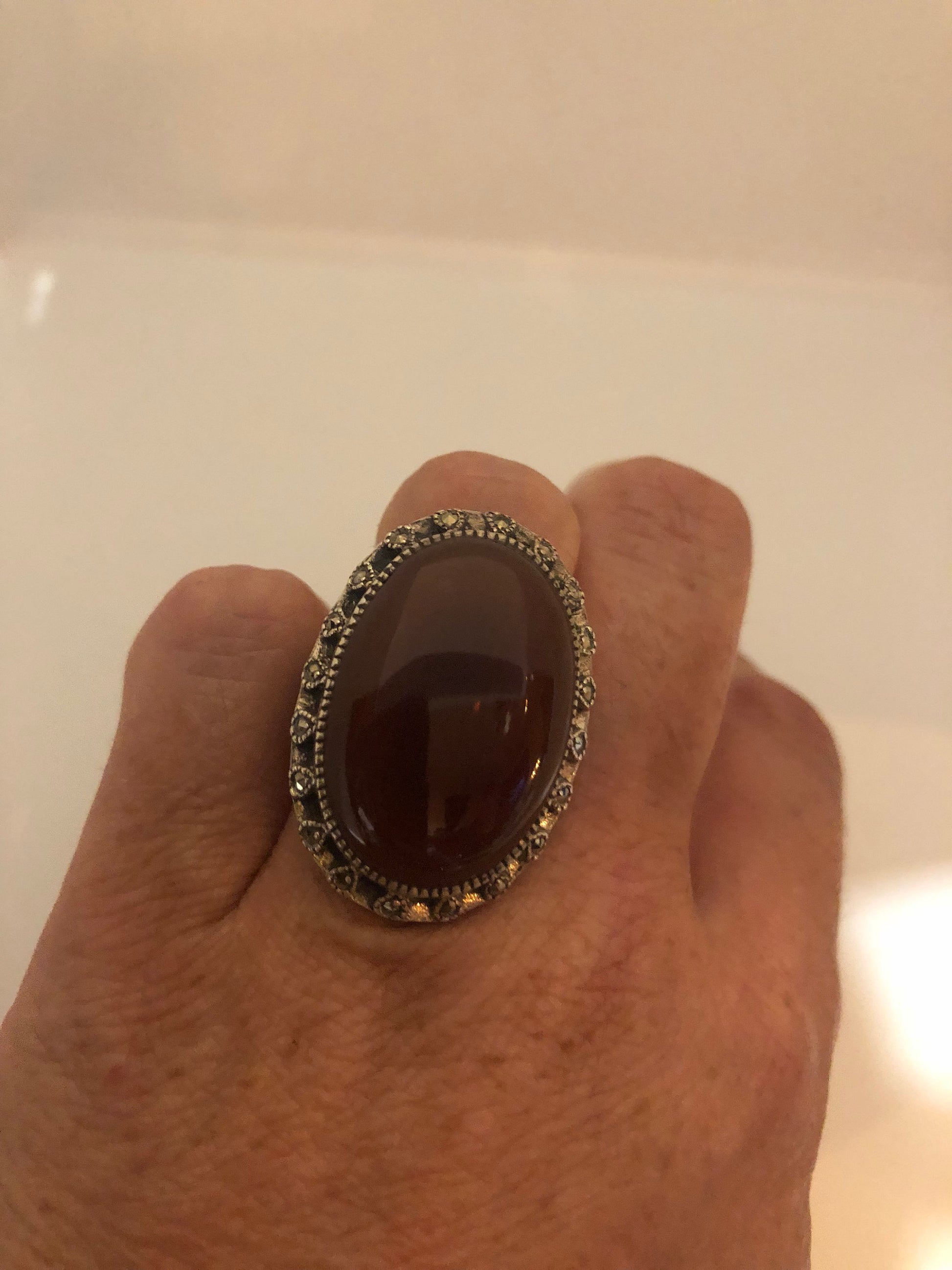 Vintage Genuine Red Carnelian 925 Sterling Silver Marcasite Ring