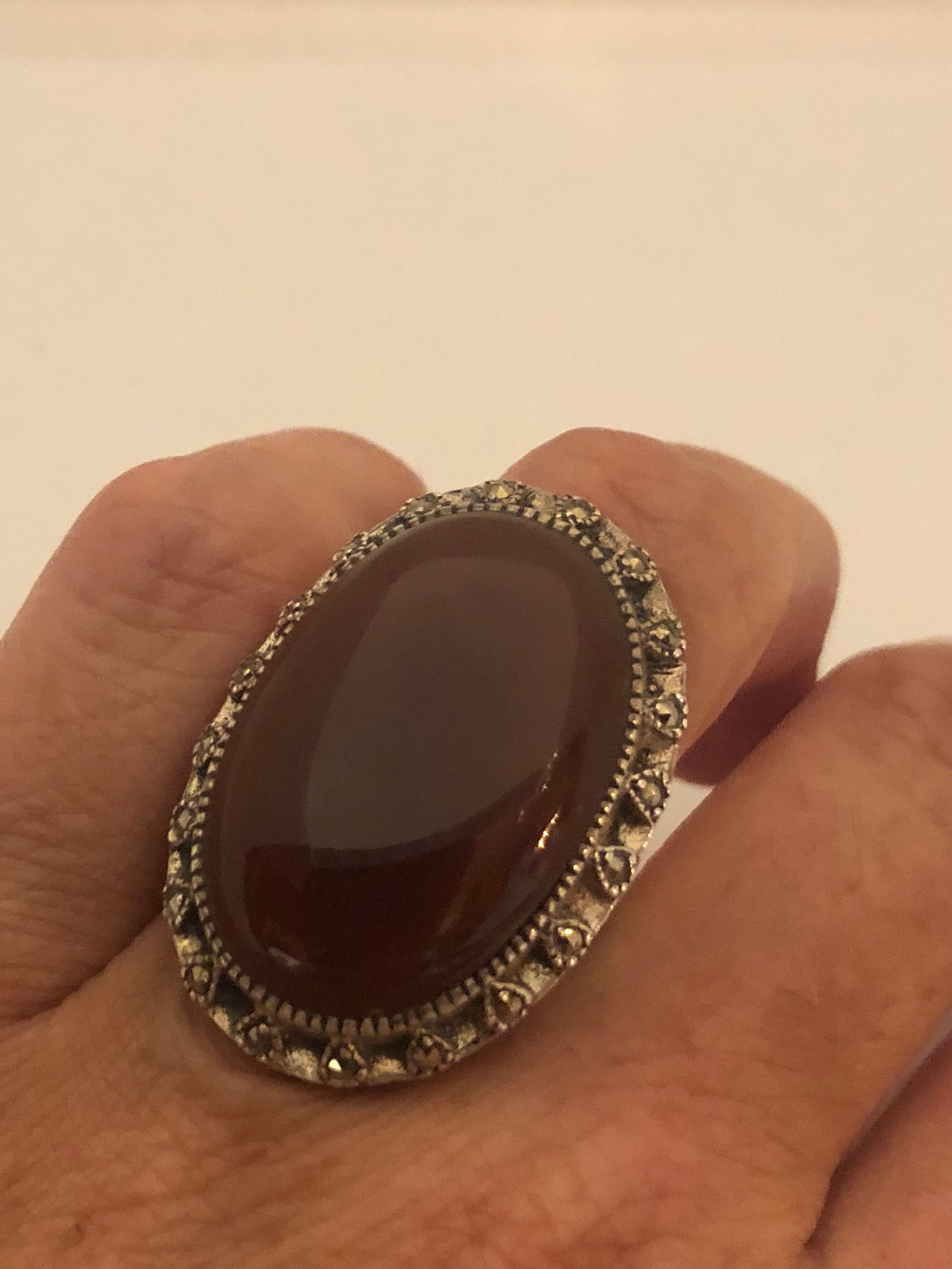 Vintage Genuine Red Carnelian 925 Sterling Silver Marcasite Ring