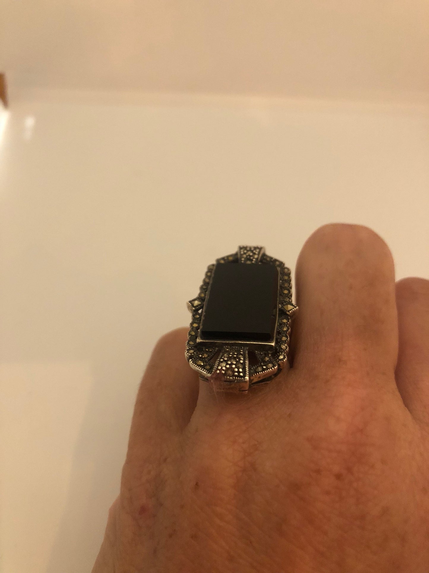Vintage Genuine Black Onyx Silver Marcasite Ring