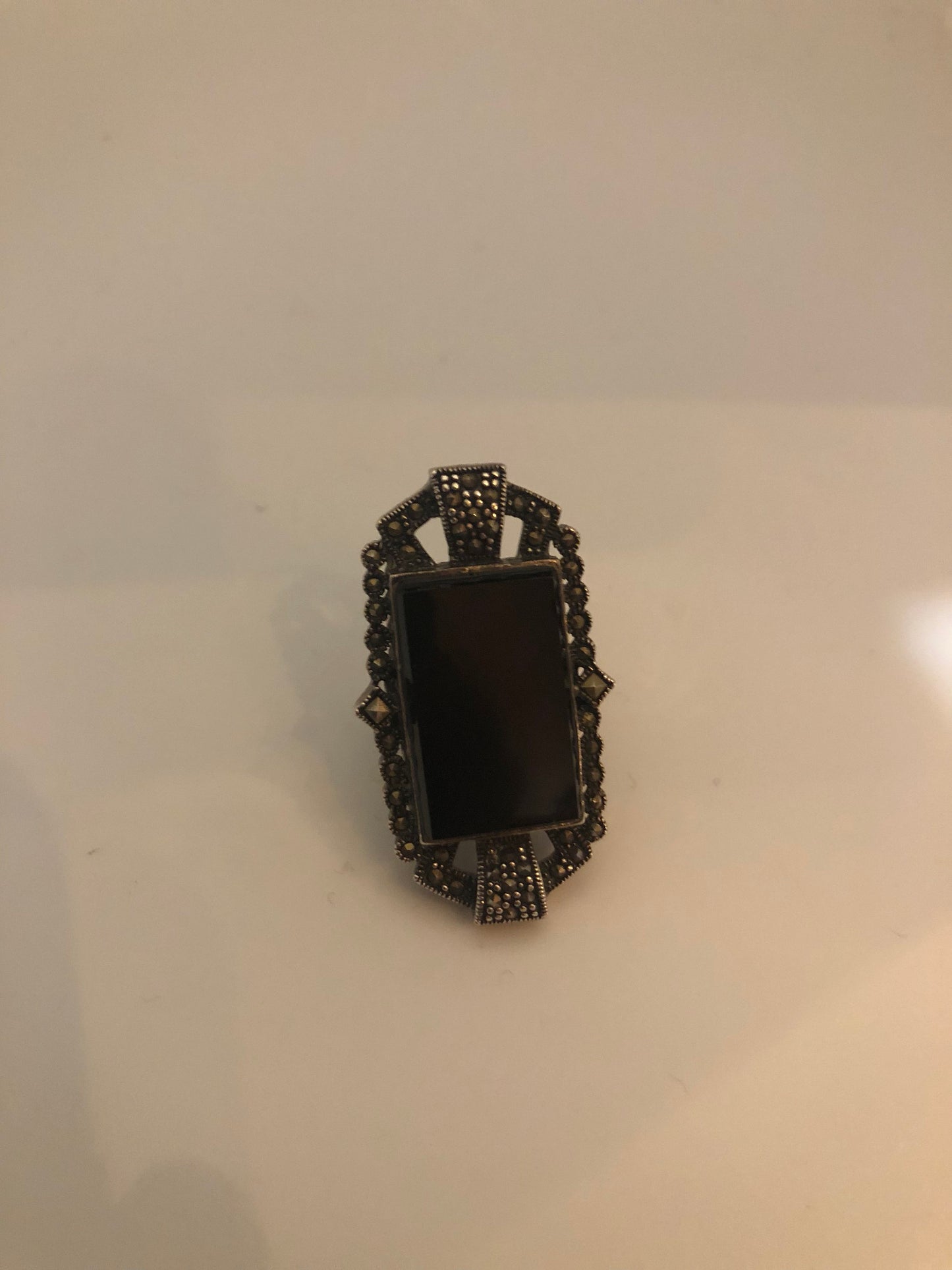 Vintage Genuine Black Onyx Silver Marcasite Ring