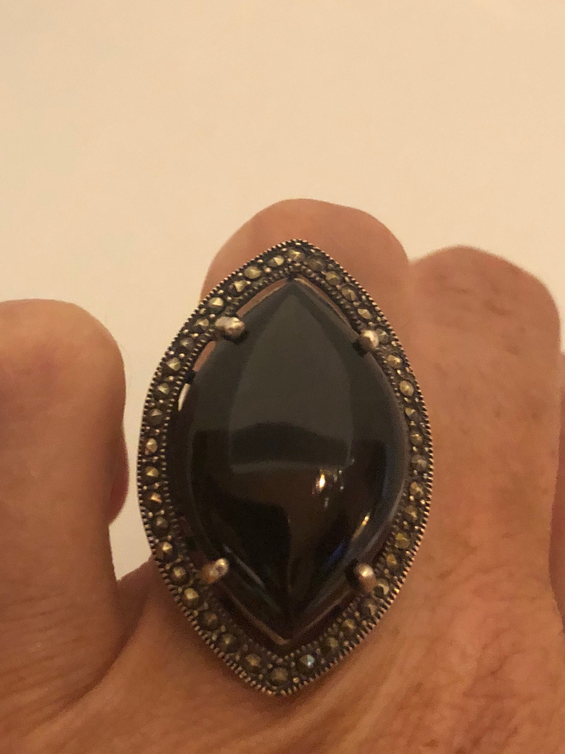 Vintage Genuine Black Onyx Silver Marcasite Ring