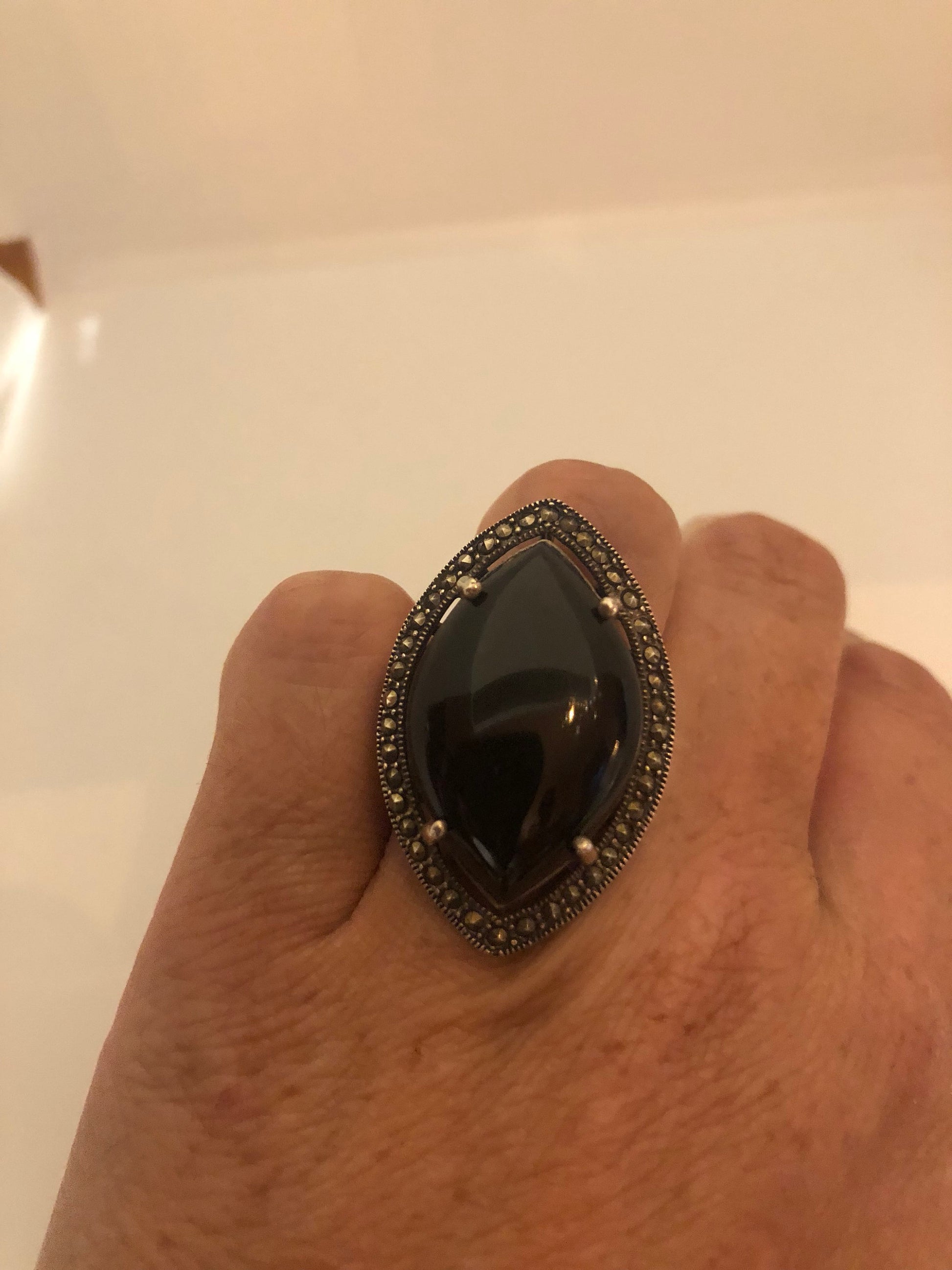 Vintage Genuine Black Onyx Silver Marcasite Ring