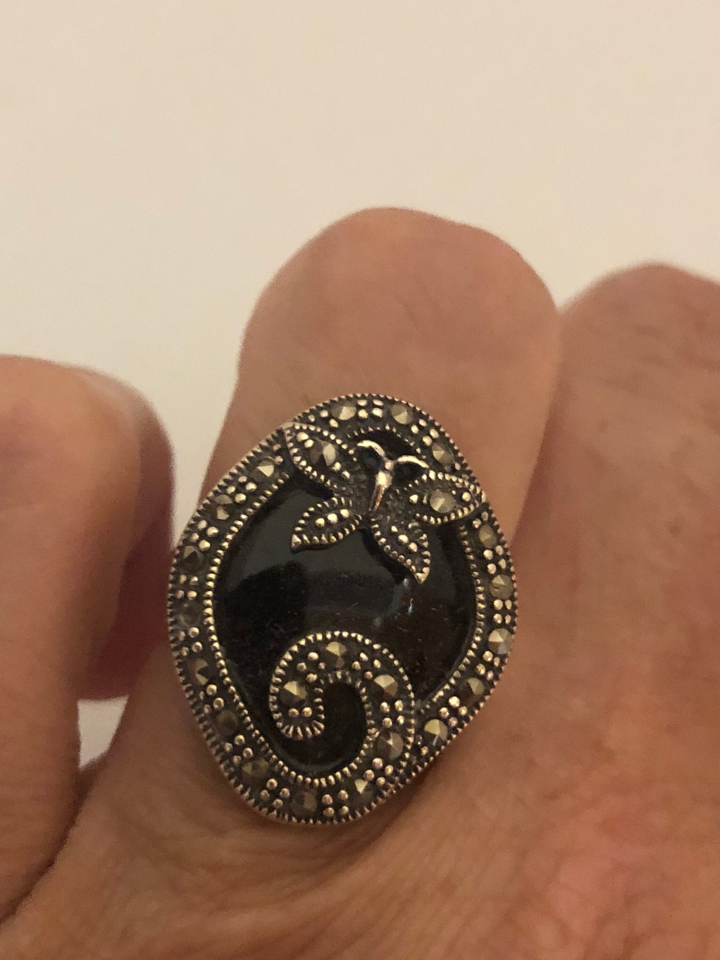 Vintage Genuine Black Onyx Silver Marcasite Ring