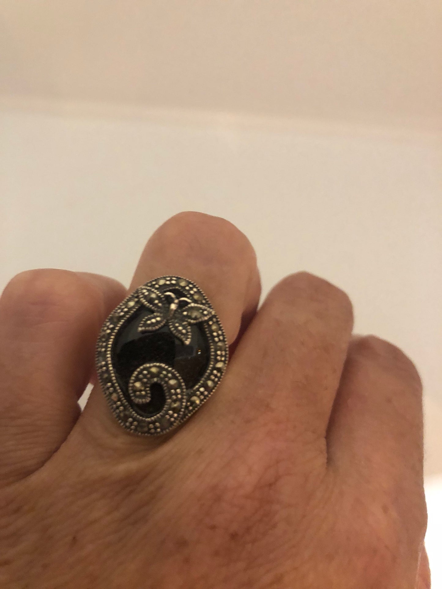 Vintage Genuine Black Onyx Silver Marcasite Ring