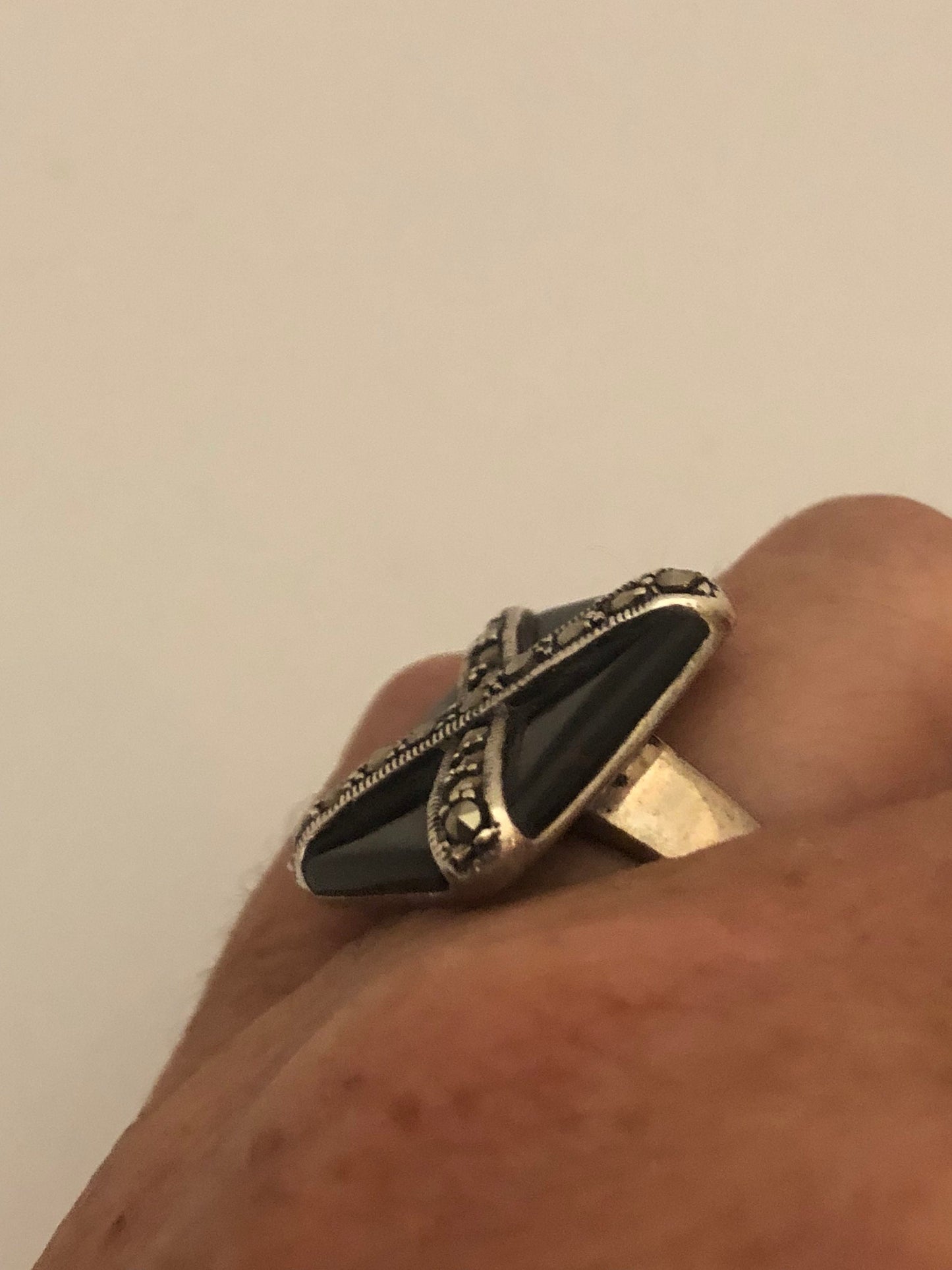 Vintage Genuine Black Onyx Silver Marcasite Ring