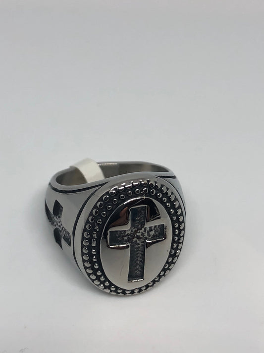 Vintage Gothic Cross Silver Stainless Steel Mens Ring