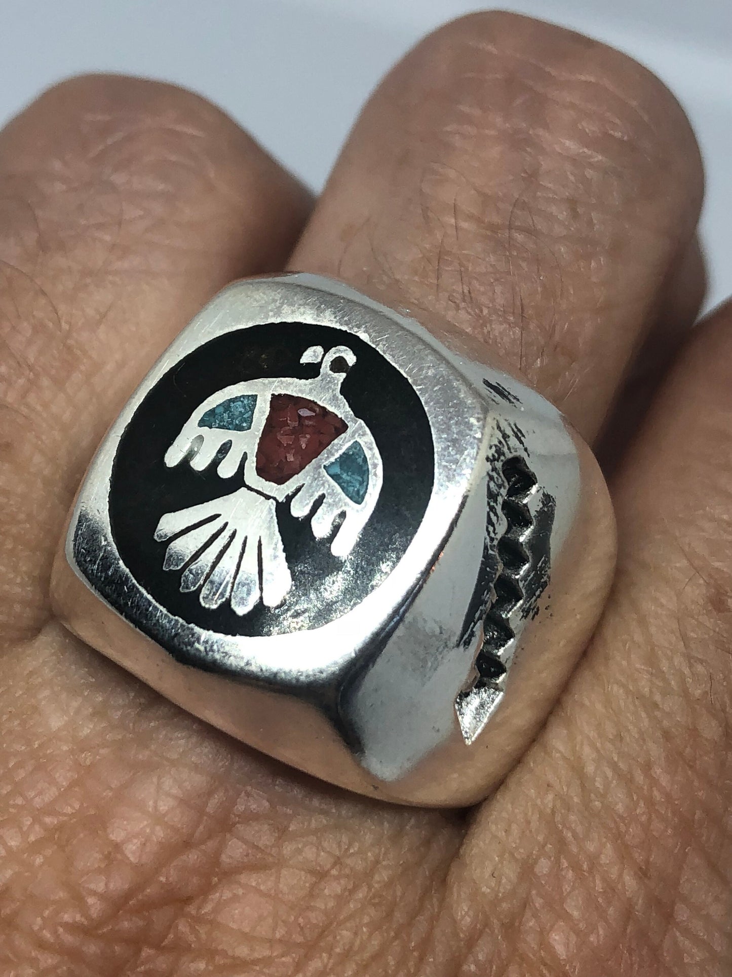 Vintage Thunderbird Ring Native American Style Southwestern Turquoise Stone Inlay Mens