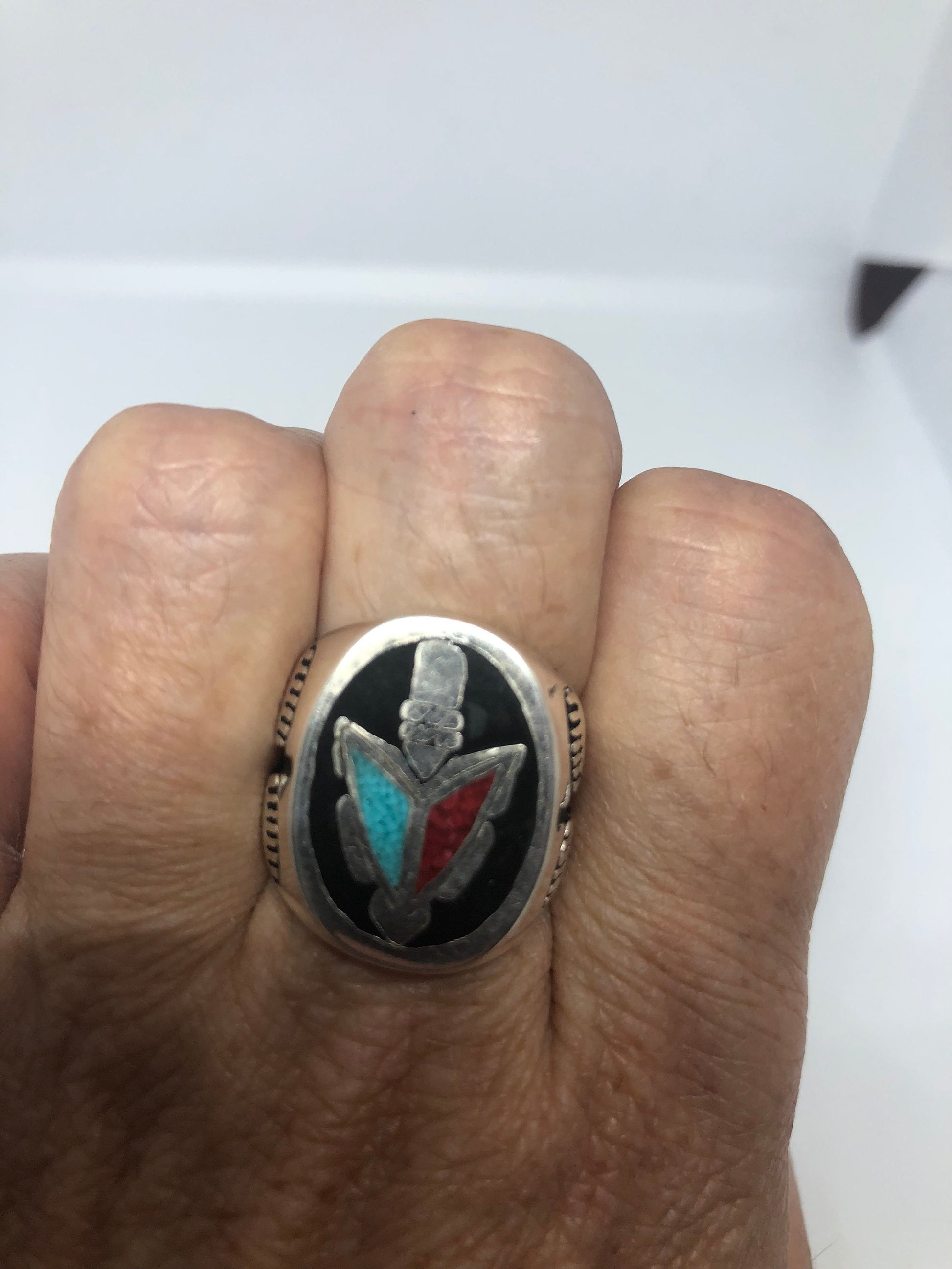 Vintage Native American Style Southwestern Stone Turquoise Inlay Tomahawk Mens Ring