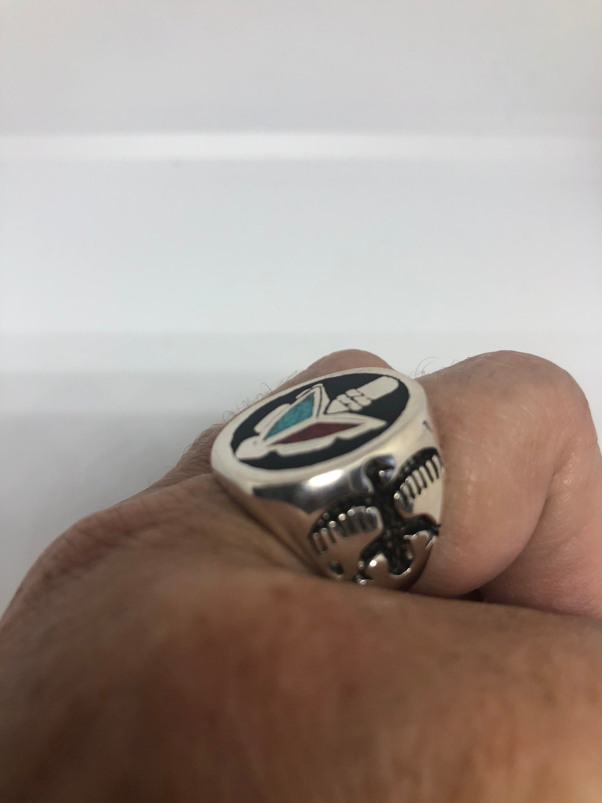 Vintage Native American Style Southwestern Stone Turquoise Inlay Tomahawk Mens Ring