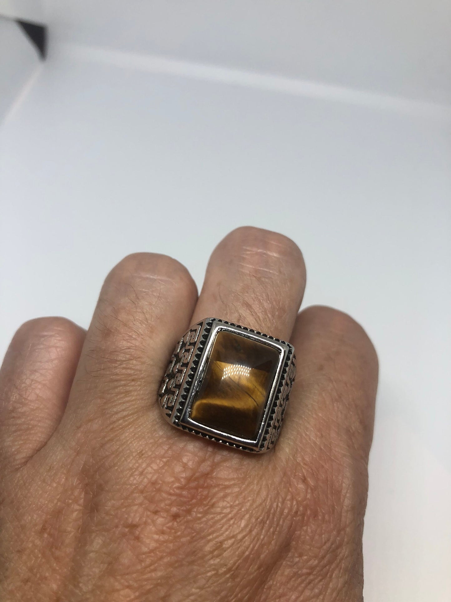 Vintage Gothic Stainless Steel Genuine Tigers Eye Ring