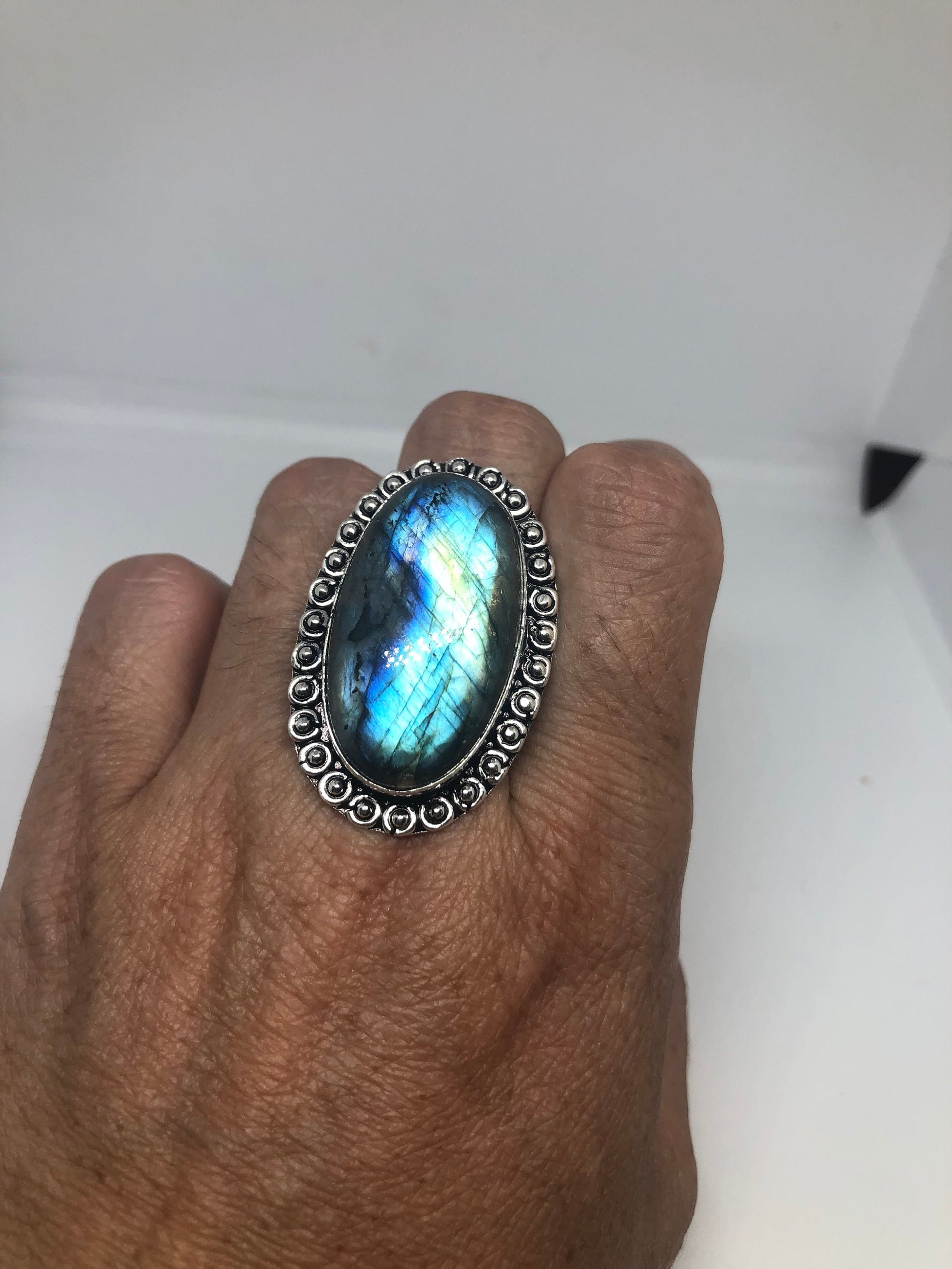 Vintage Large Blue Green Labradorite Stone Silver Ring