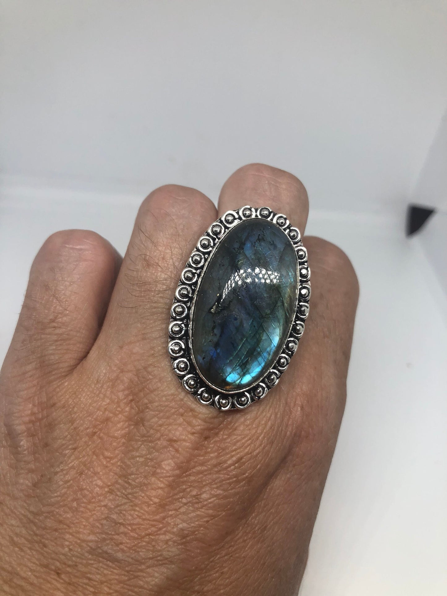 Vintage Large Blue Green Labradorite Stone Silver Ring