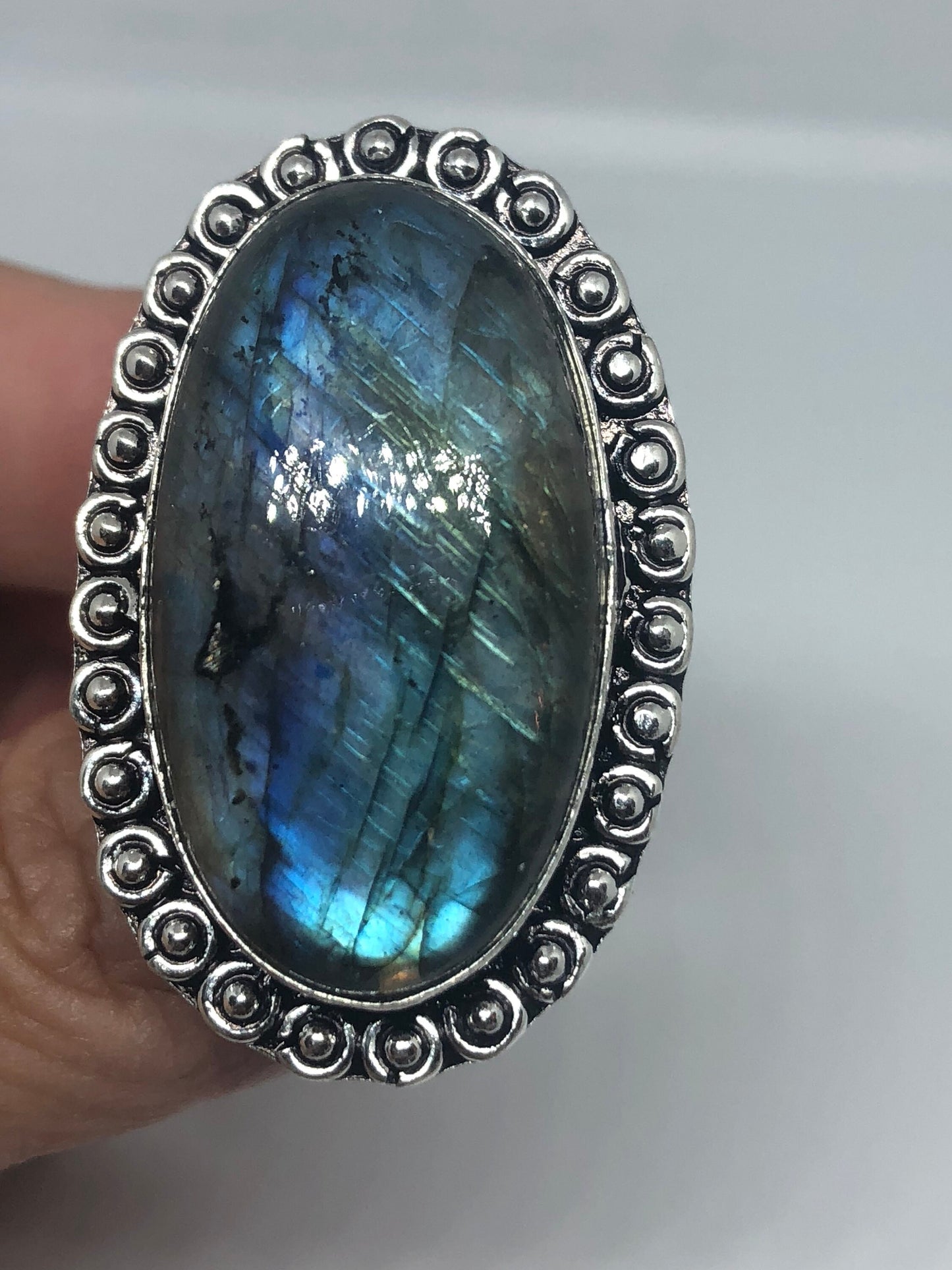 Vintage Large Blue Green Labradorite Stone Silver Ring