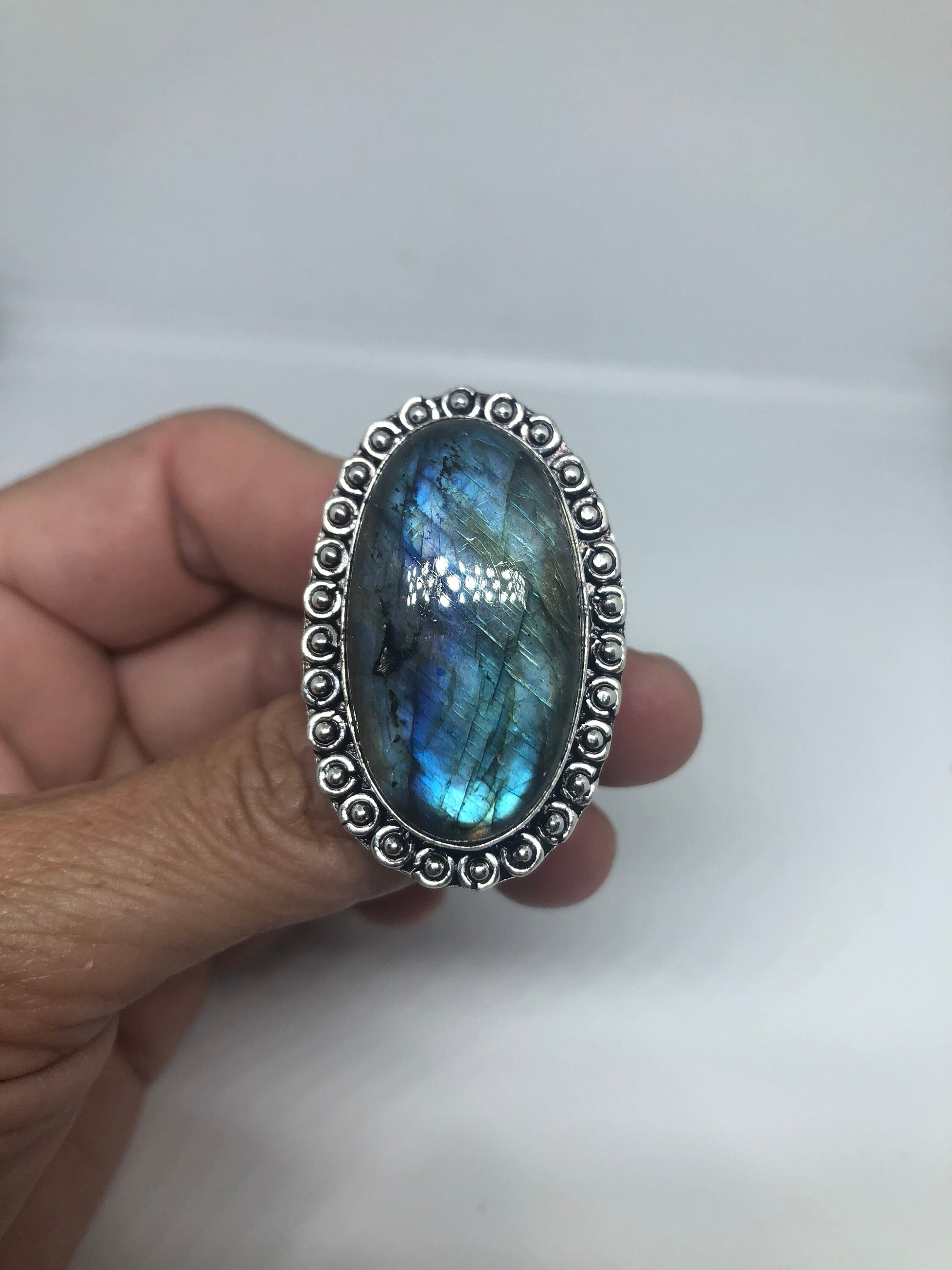 Vintage Large Blue Green Labradorite Stone Silver Ring