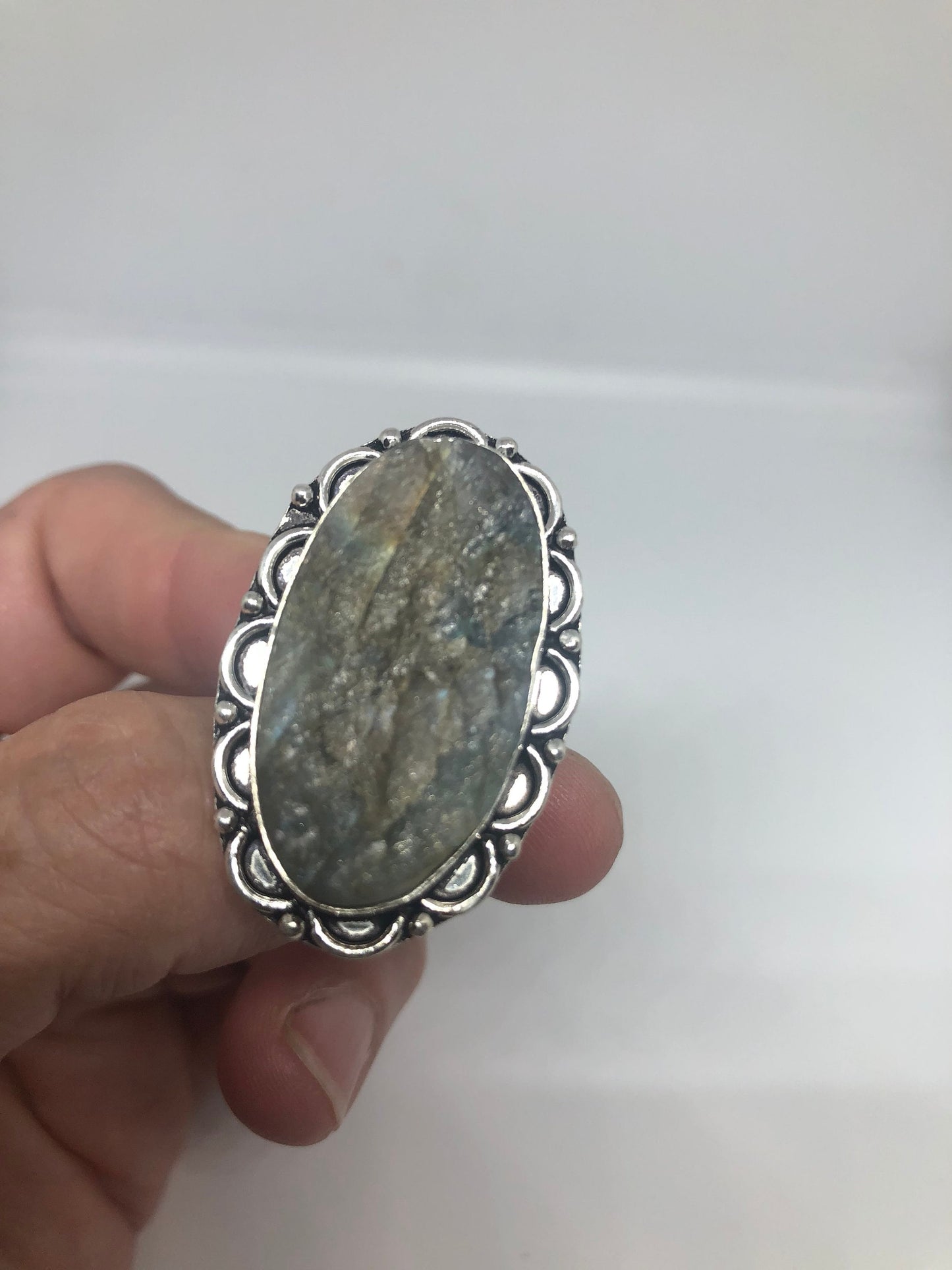 Vintage Large Blue Green Labradorite Stone Silver Ring