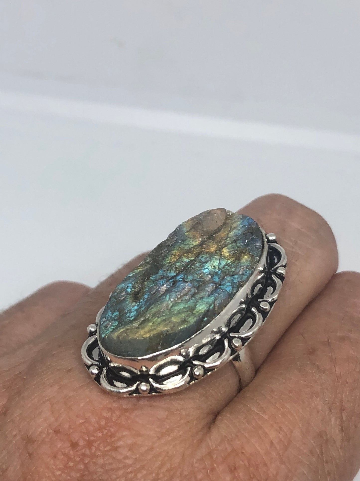 Vintage Large Blue Green Labradorite Stone Silver Ring