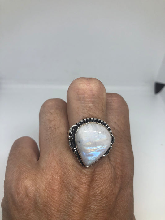 Vintage Large Blue White Rainbow Moonstone Stone Silver Ring