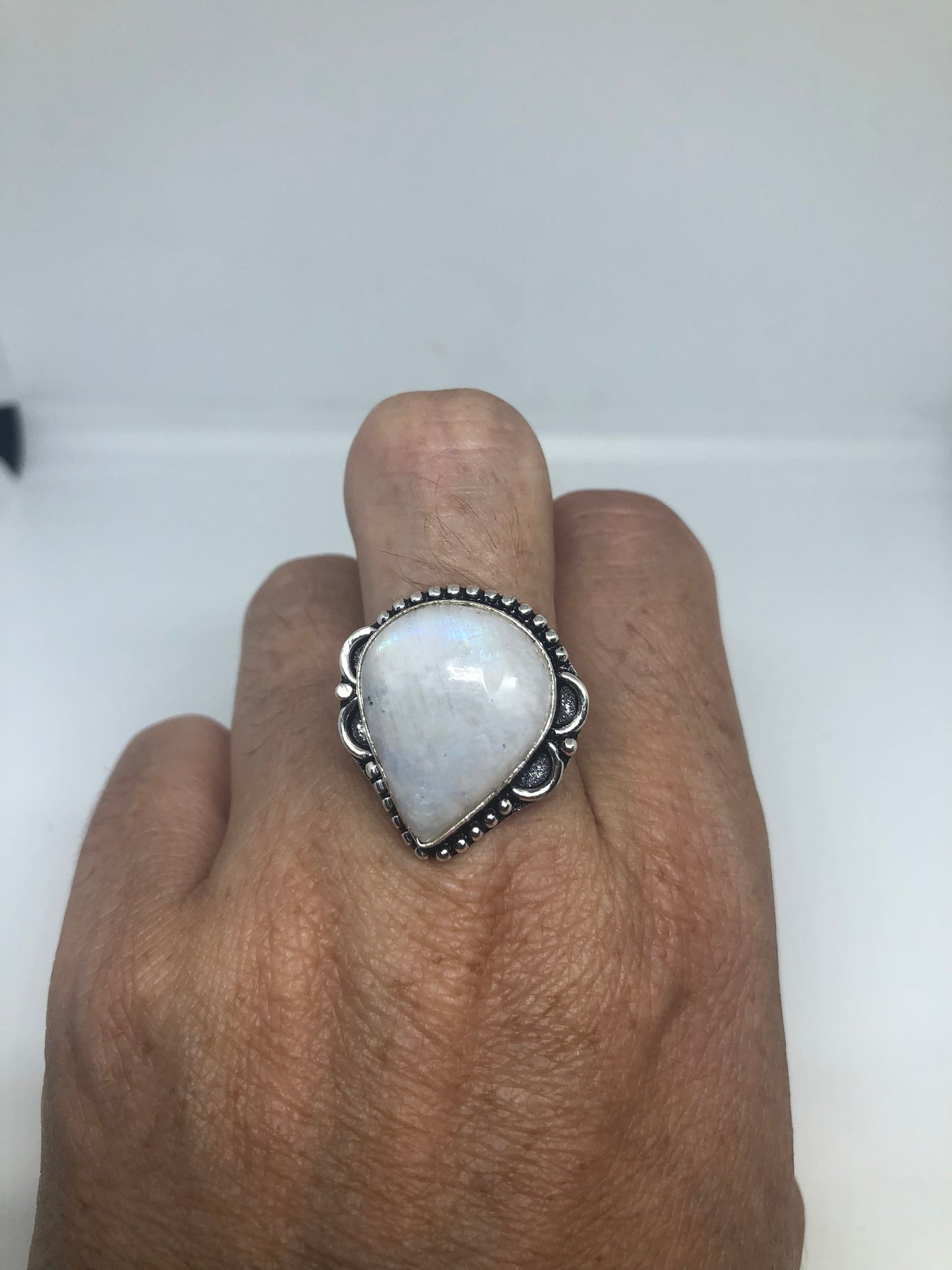 Vintage Large Blue White Rainbow Moonstone Stone Silver Ring