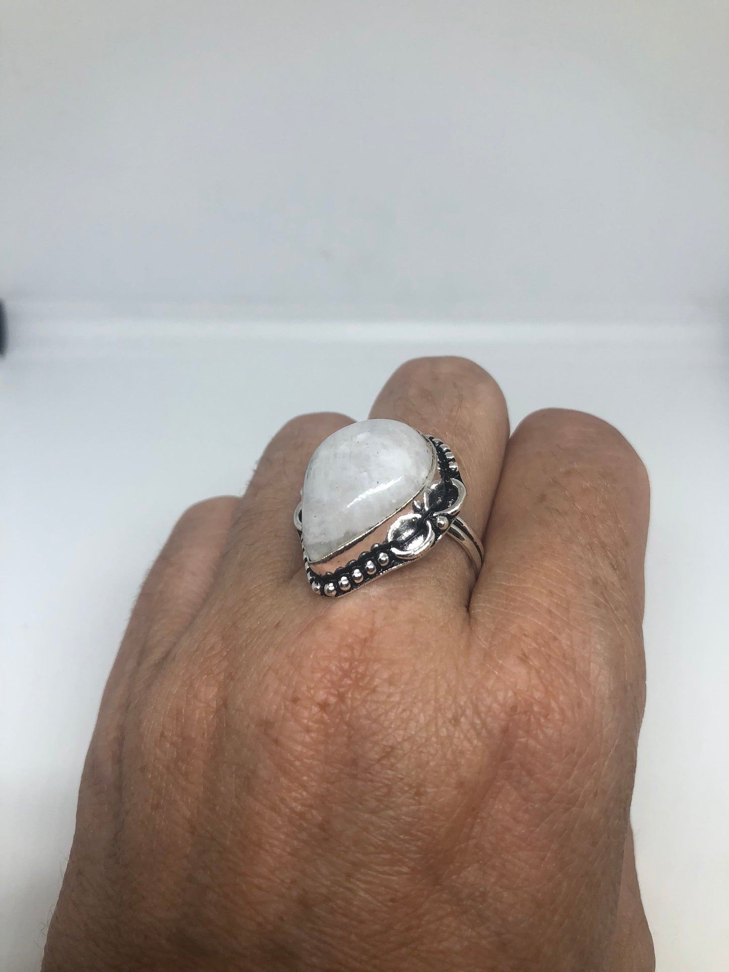 Vintage Large Blue White Rainbow Moonstone Stone Silver Ring