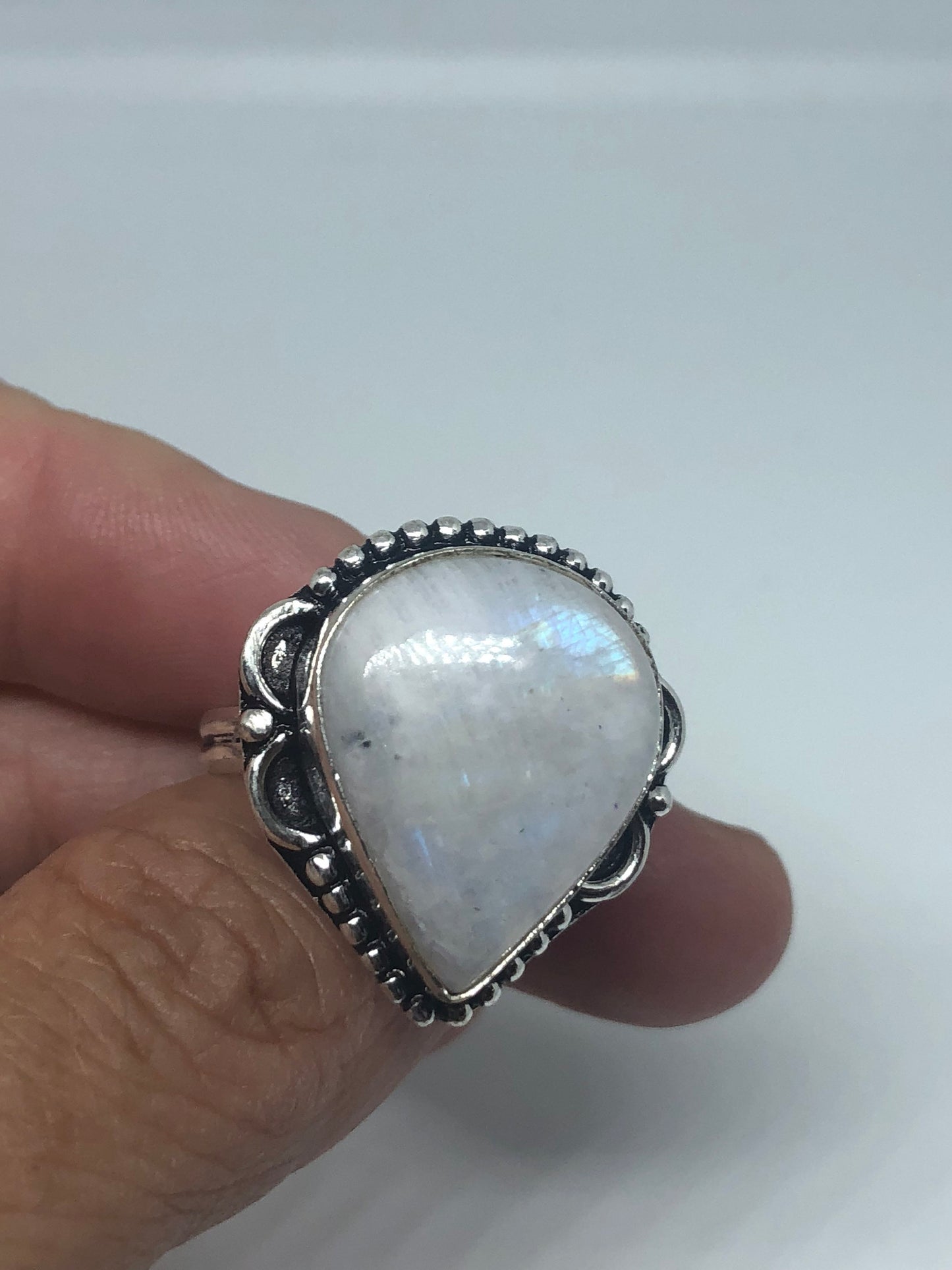 Vintage Large Blue White Rainbow Moonstone Stone Silver Ring