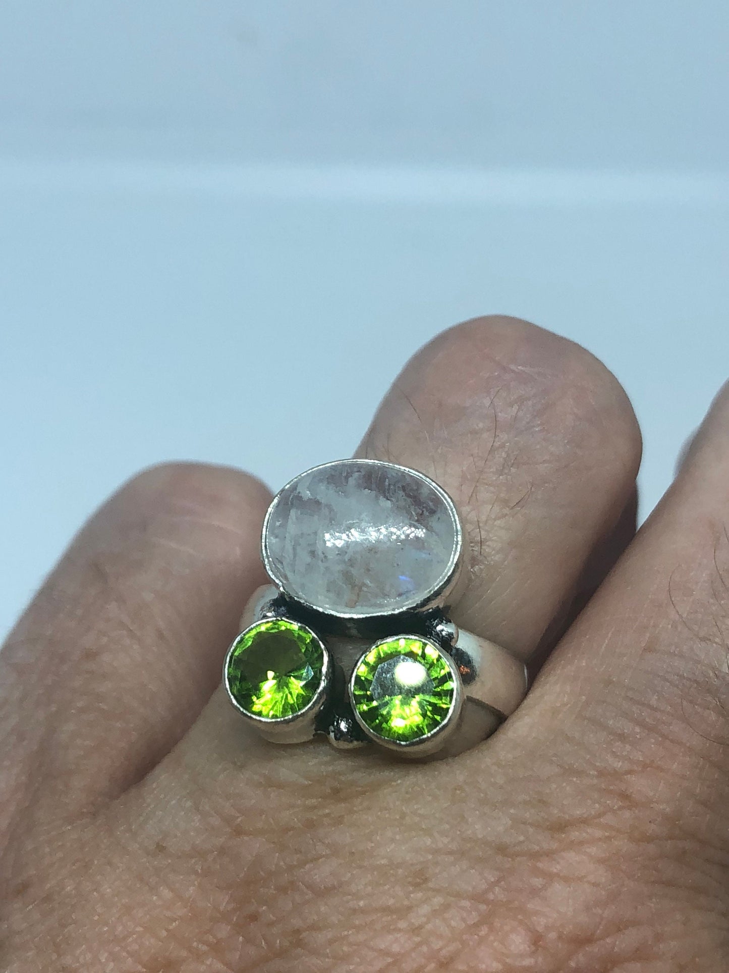 Vintage Large Blue White Rainbow Moonstone Peridot Stone Silver Ring