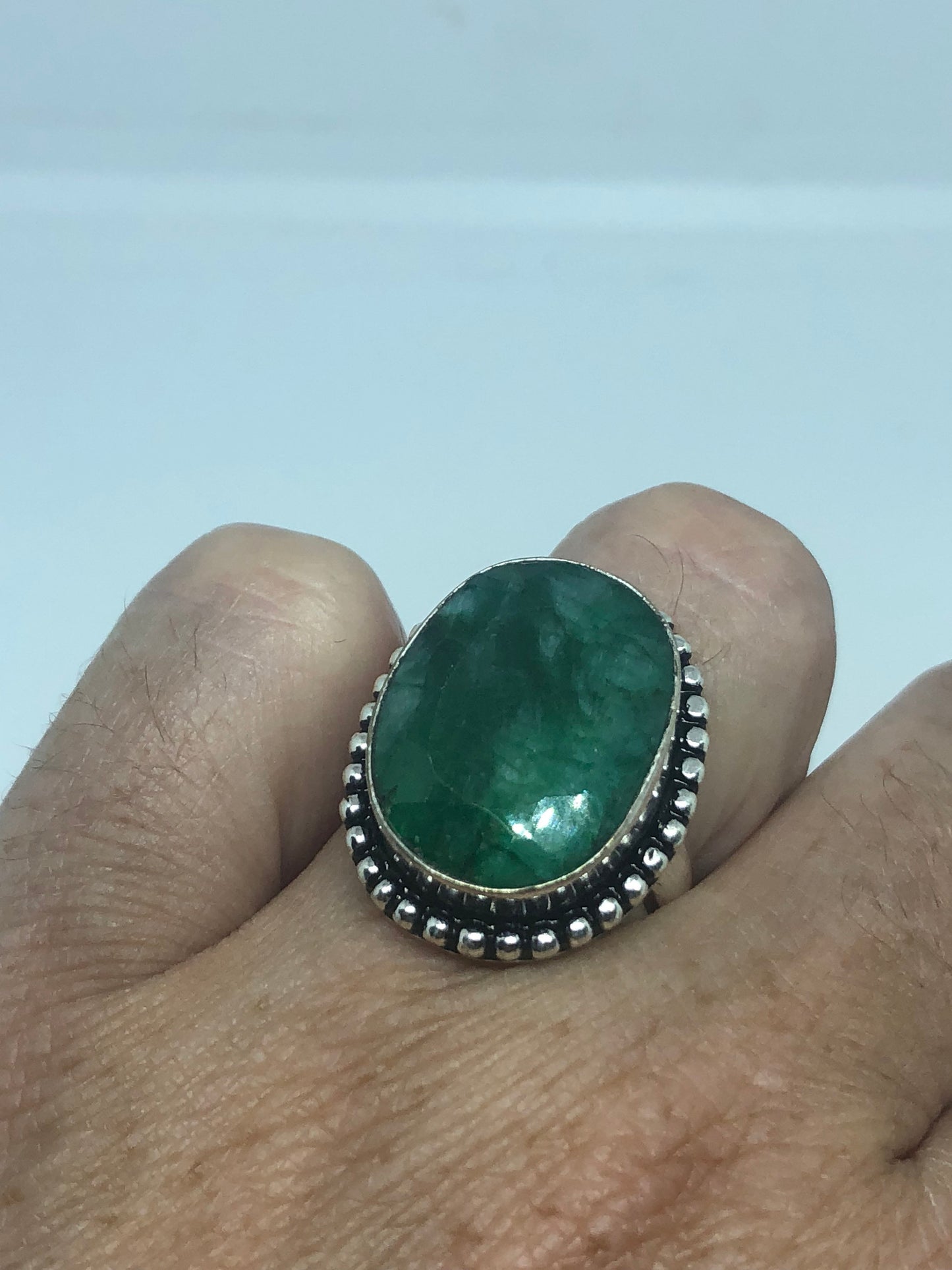 Vintage Green Raw Emerald Silver Bronze Statement Boho Ring