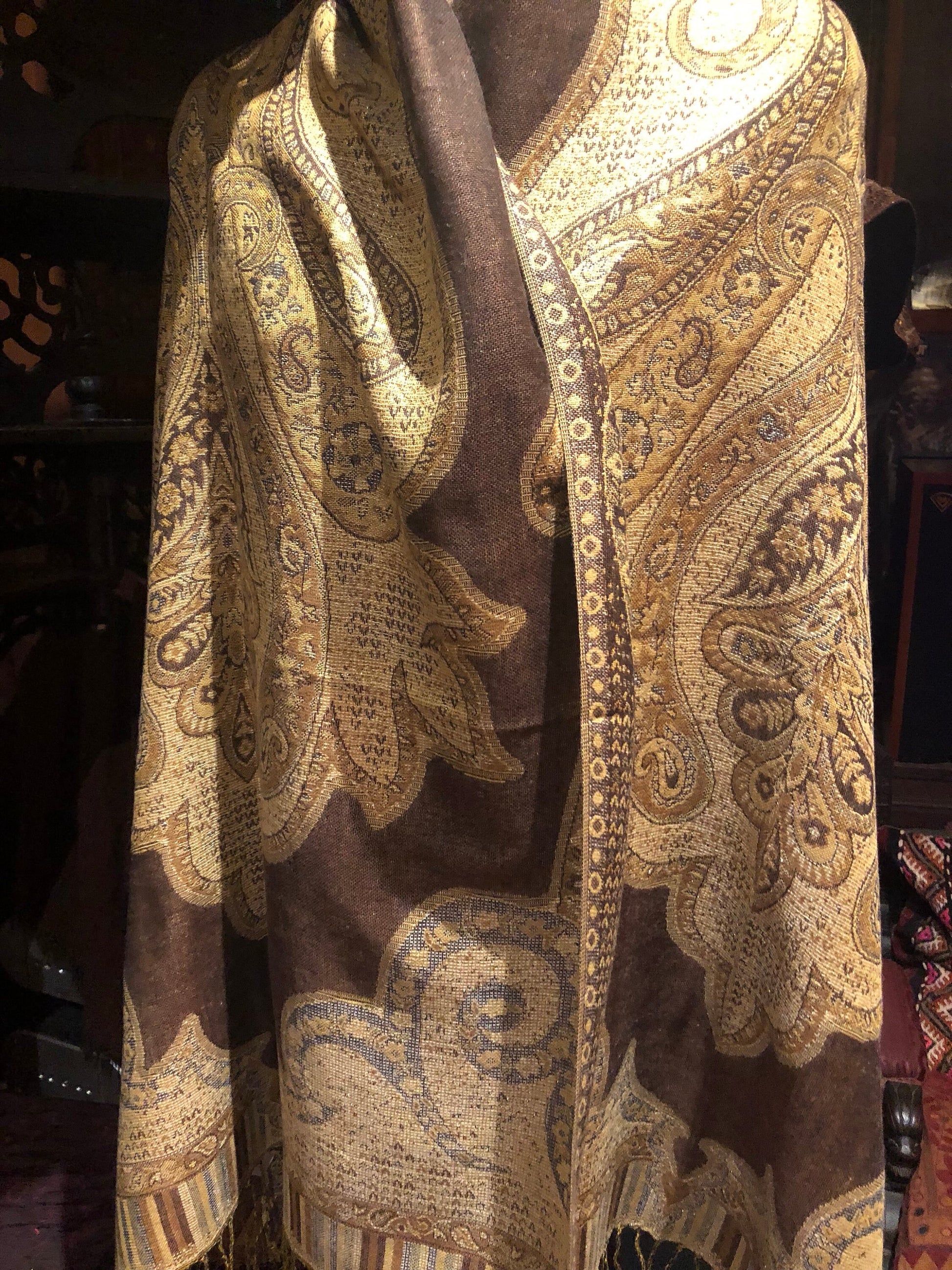 Vintage Choclate Brown Metallic Paisley Brocade Pashmina Scarf Wrap Shawl