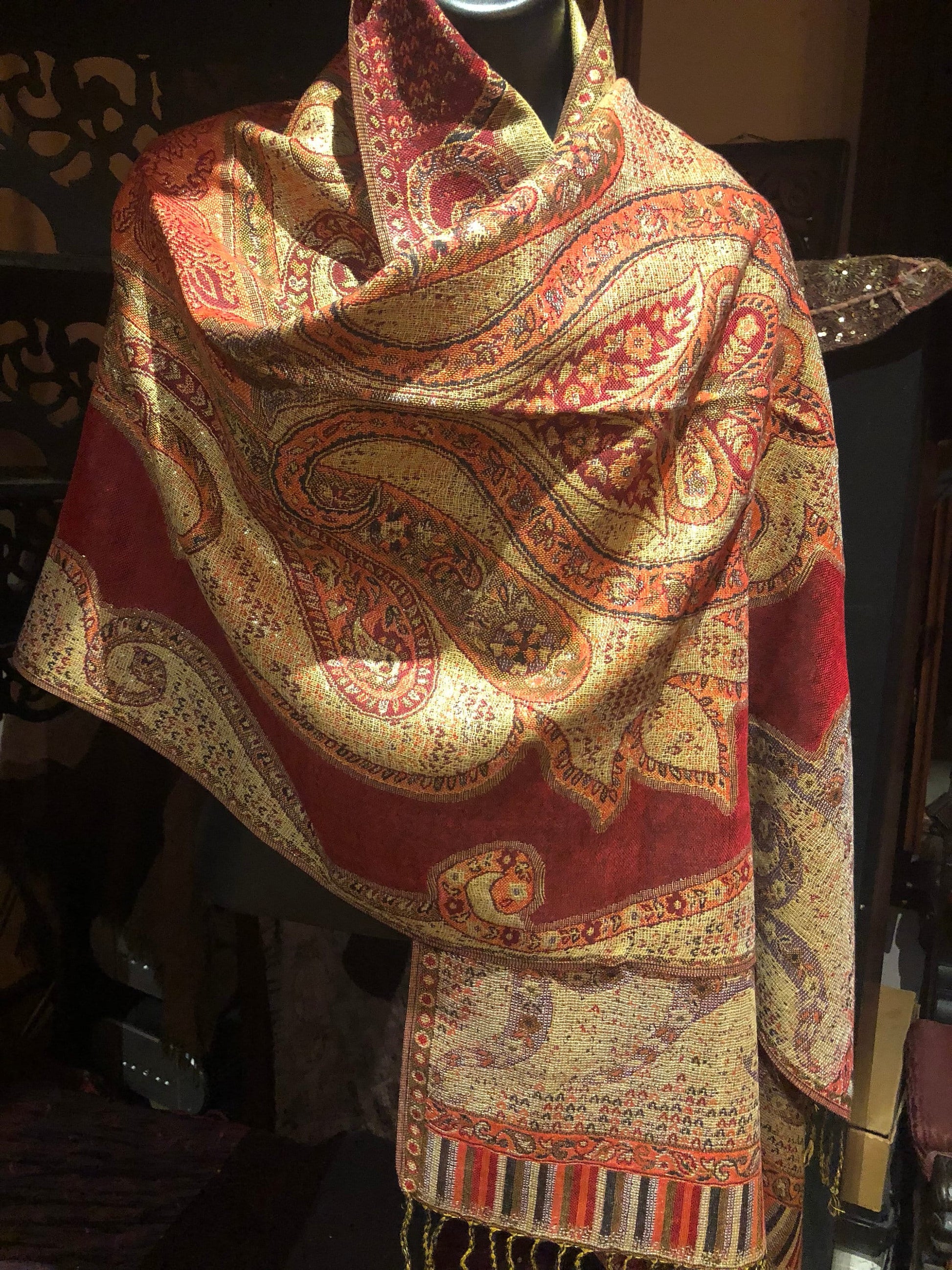 Red Metallic Vintage Paisley Brocade Pashmina Scarf Wrap Shawl