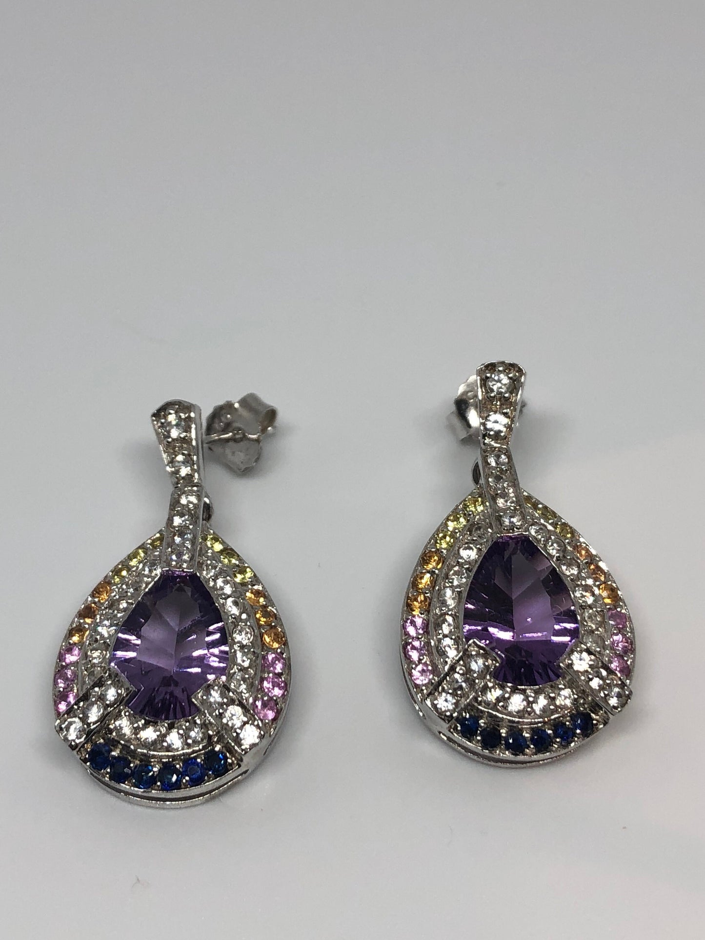 Vintage Handmade 925 Sterling Silver Purple Amethyst Deco Chandelier Earrings