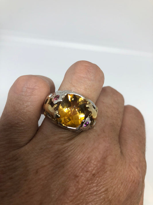 Vintage Handmade Golden Genuine Citrine Gold 925 Sterling Silver Gothic Ring